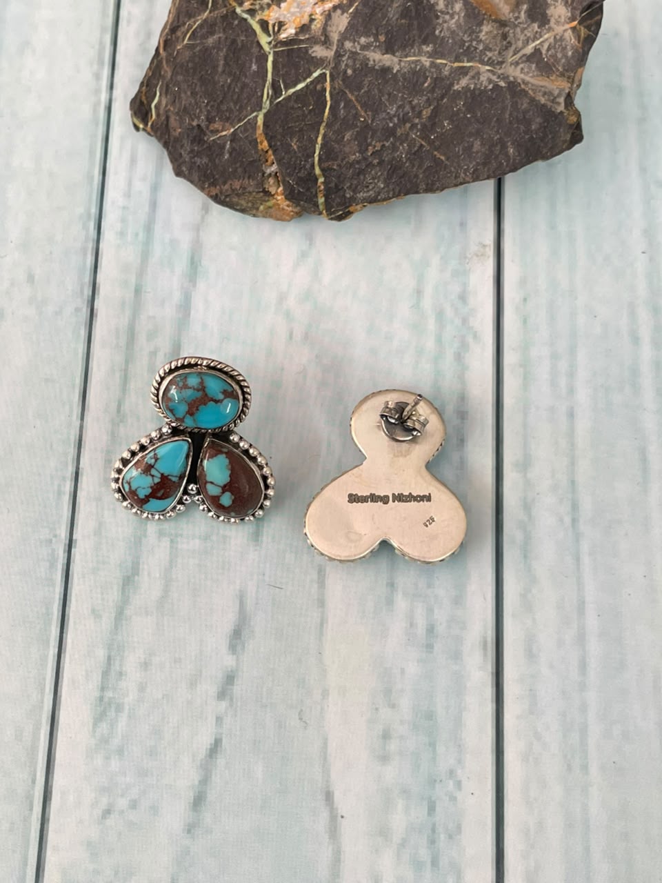 Handmade Sterling Silver Egyptian Turquoise Collection: Post Studs Earrings Signed Nizhoni