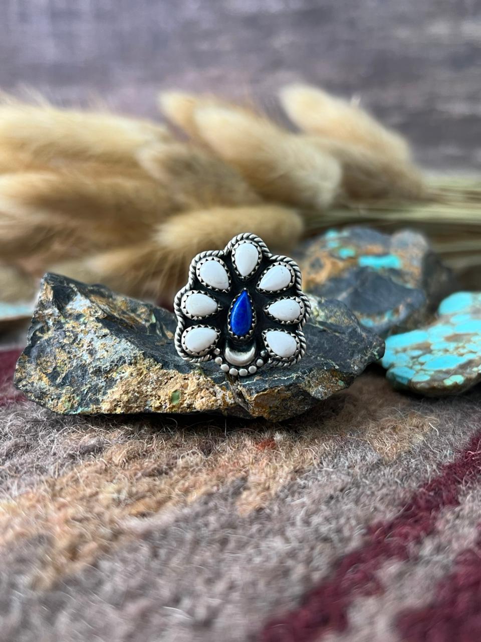 Handmade Sterling Silver White Buffalo with Lapis Adjusatble Ring "Signed Nizhoni"
