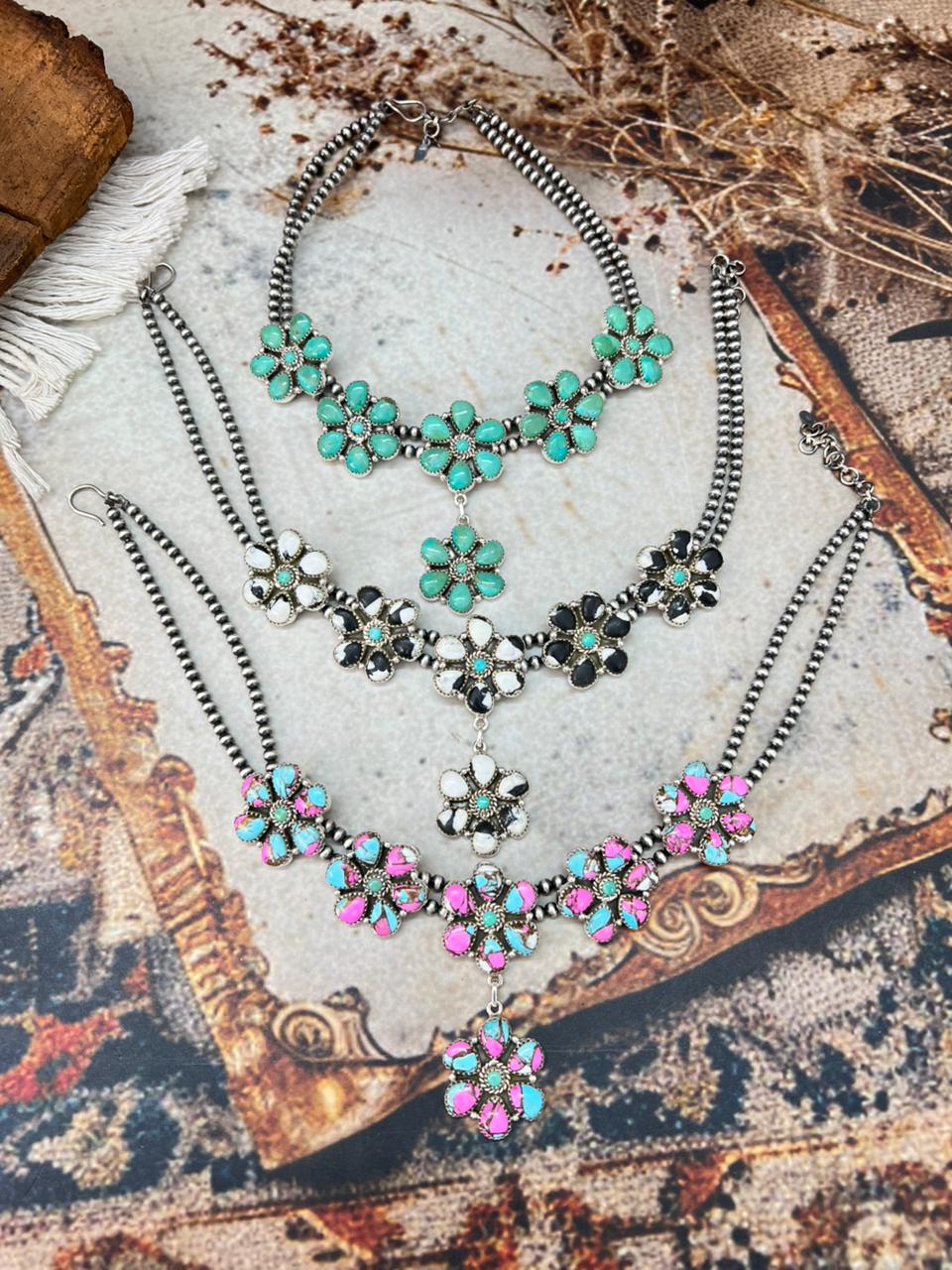 Handmade Sterling Silver Beaded Multi Stone Necklace "Signed Nizhoni"