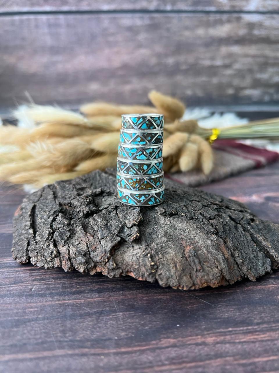 Handmade Sterling Silver Number 8 Turquoise INLAY BAND Ring "Signed Nizhoni"