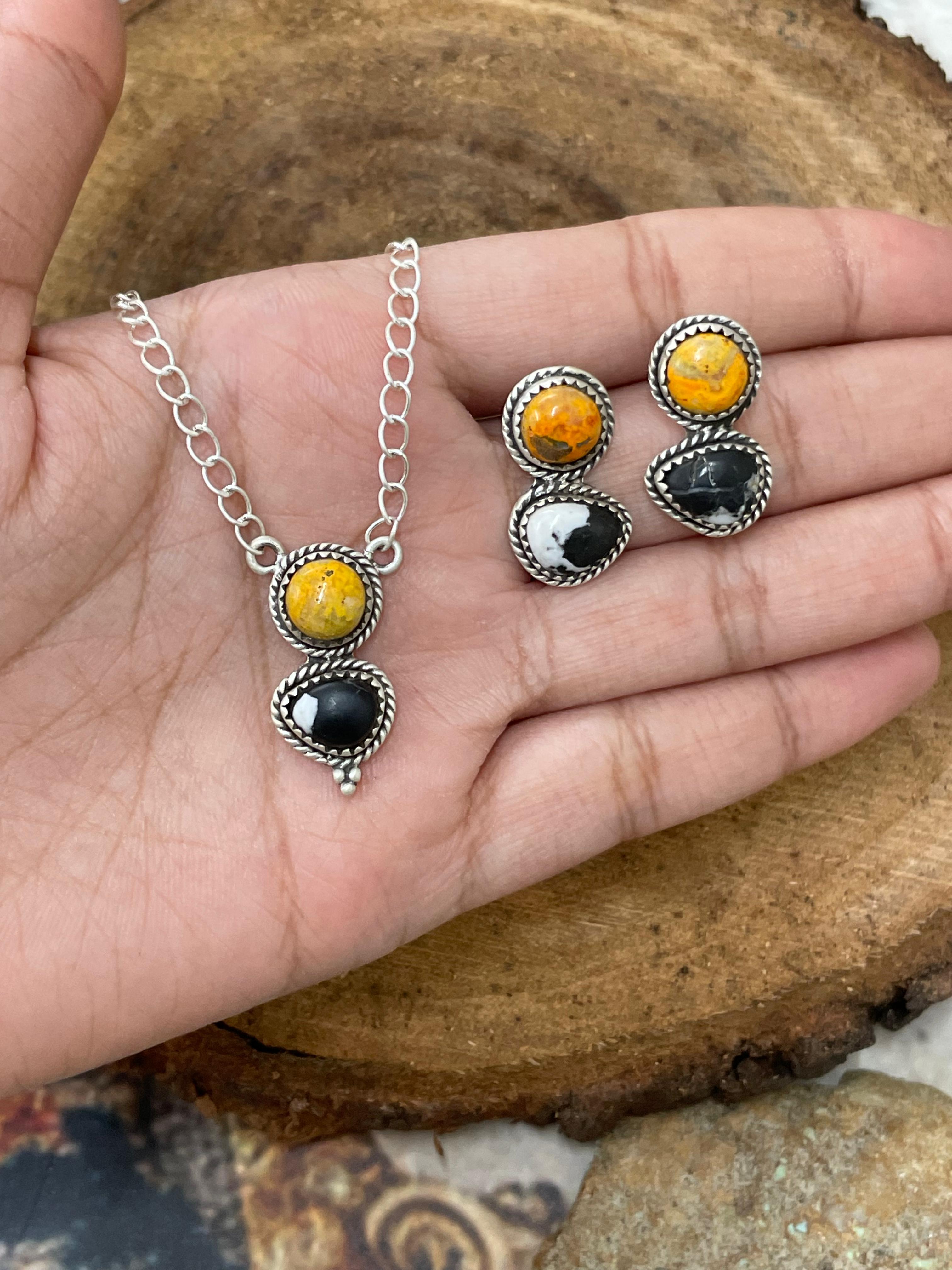 "Halloween Collection" Handmade Sterling Silver White Buffalo, Bumblebee Necklace with Signed Nizhoni