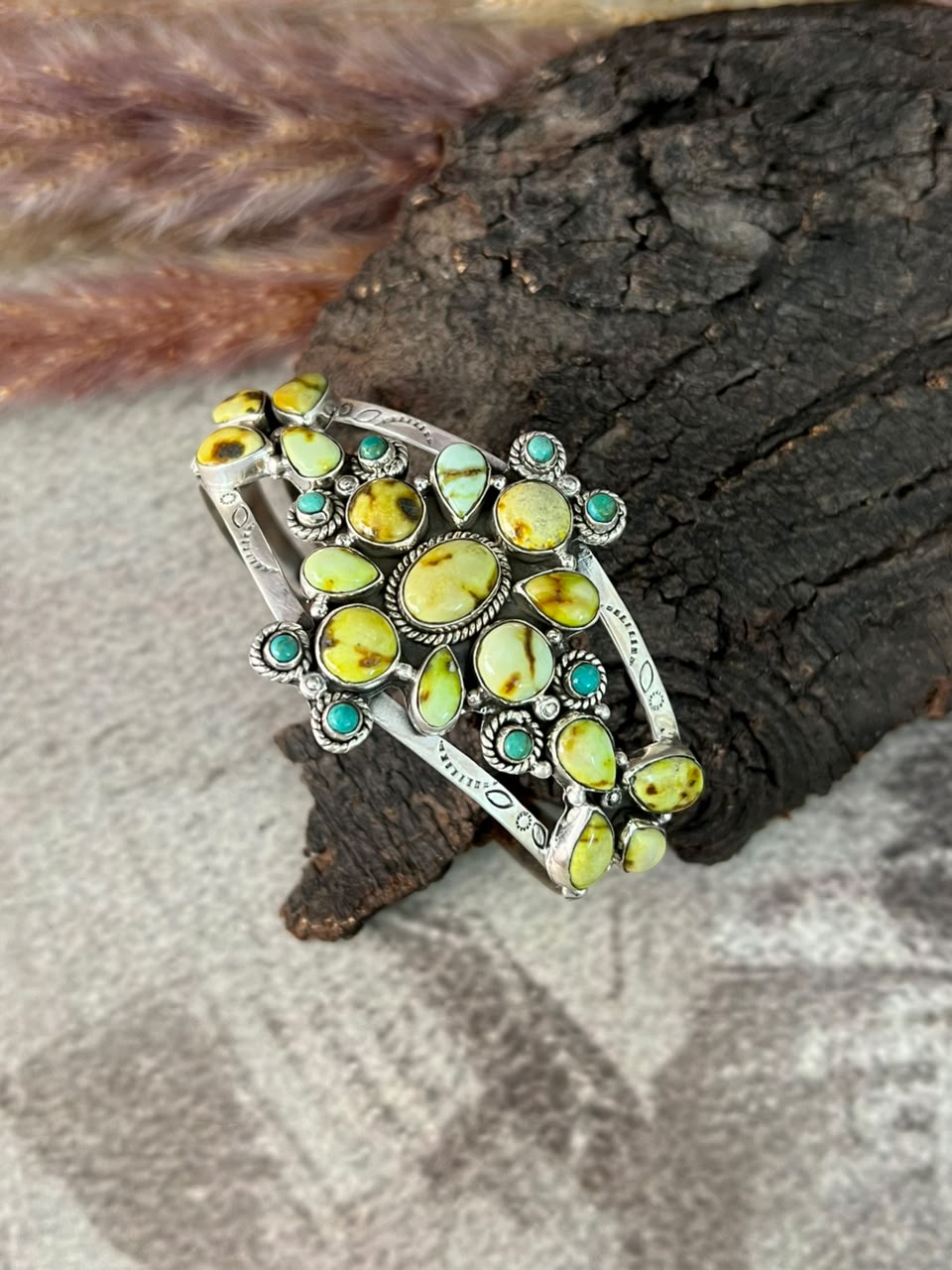 Handmade Sterling Silver Palomino Turquoise with Kingman Turquoise Cuff Bracelet Signed Nizhoni