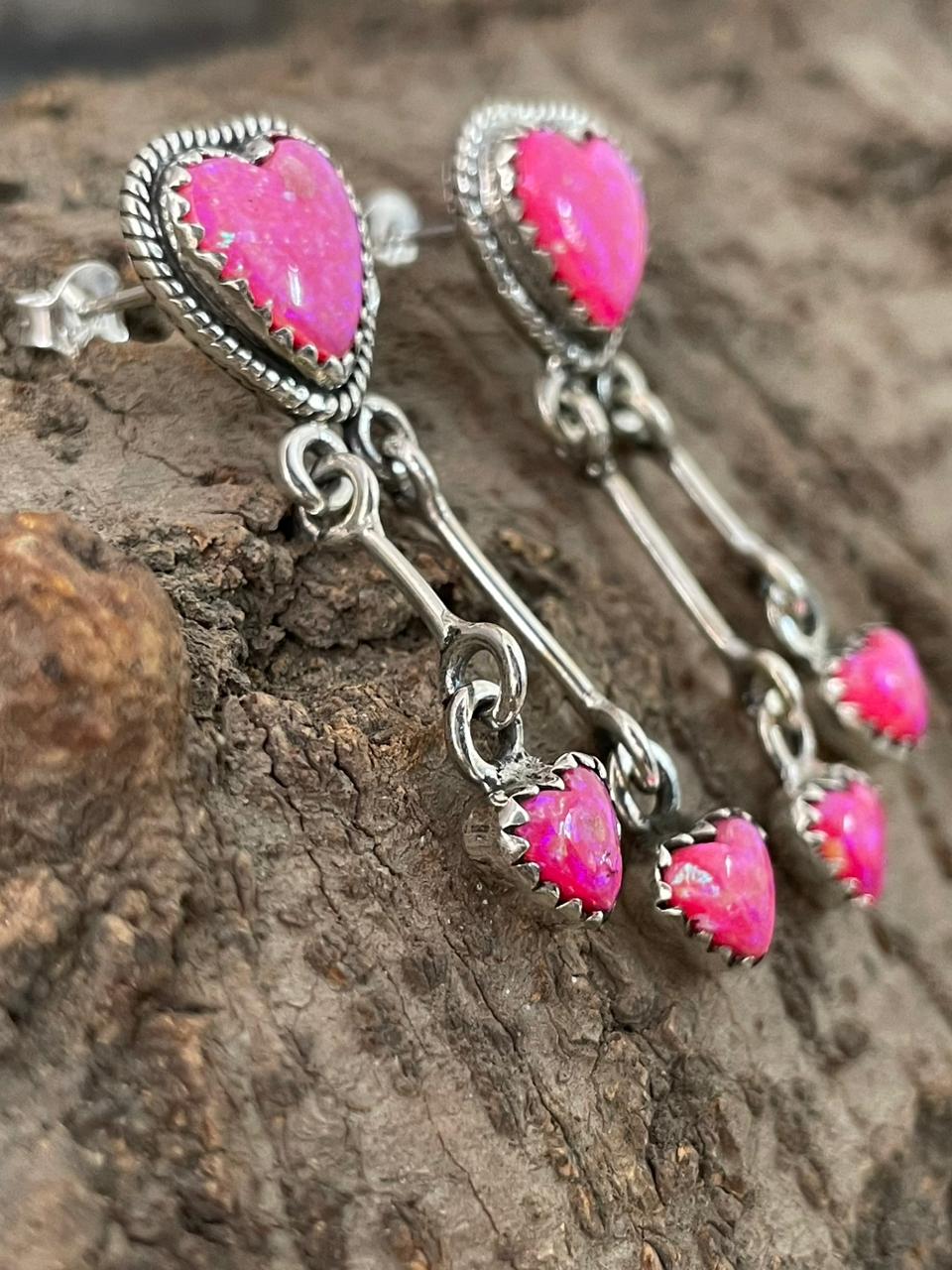 "Heart Collection" Handmade Sterling Silver Hot Pink Post Dangle Earrings "Signed Nizhoni"