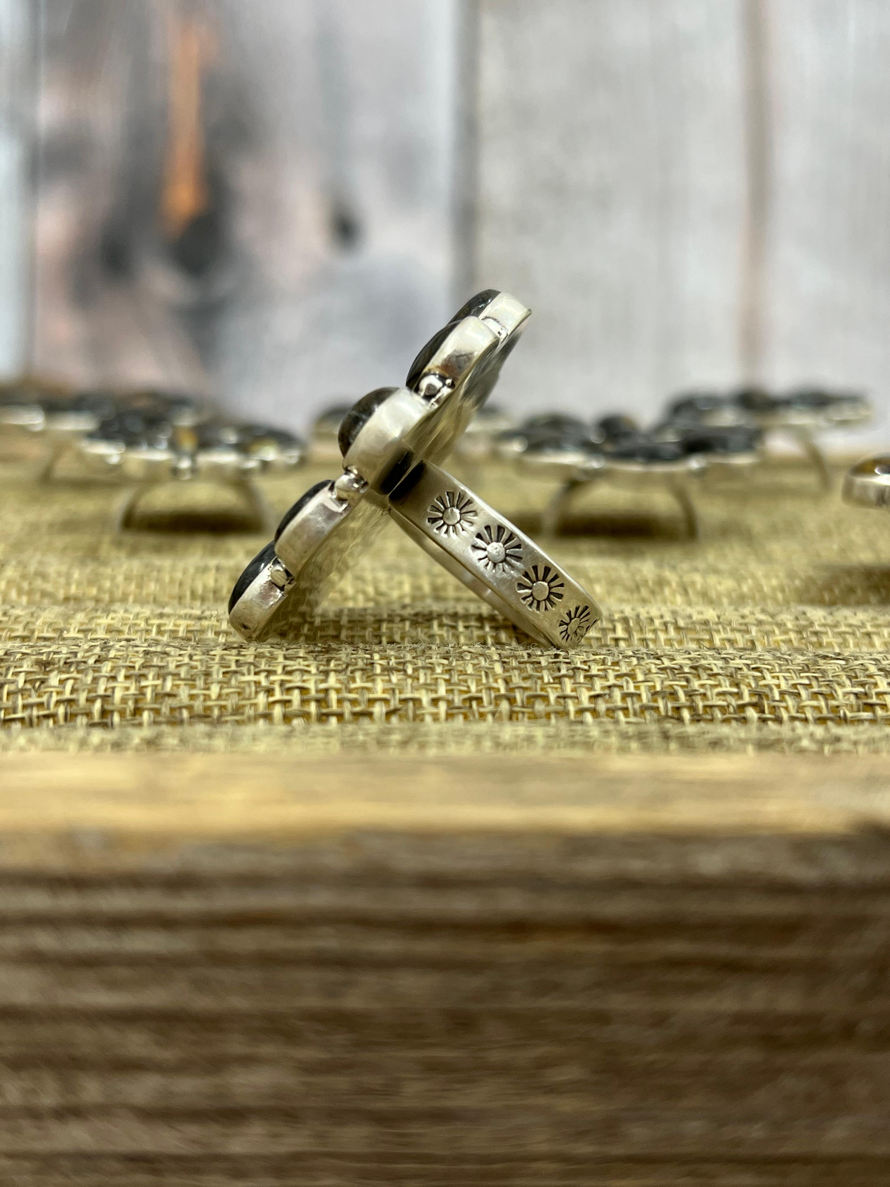 Handmade Sterling Silver Blackjack Turquoise Adjustable Ring Signed Nizhoni