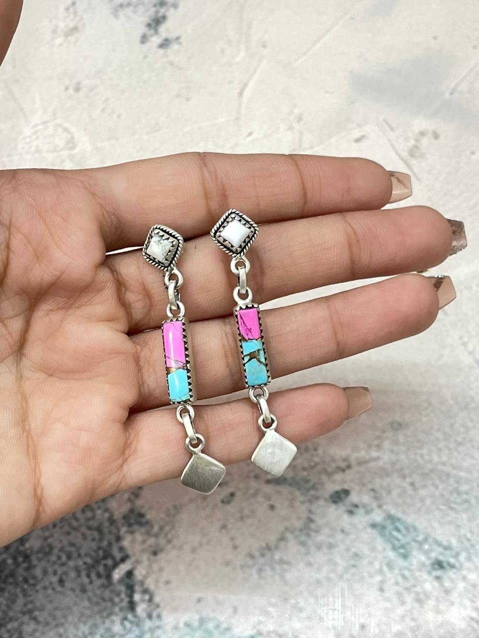 Handmade Sterling Silver Cotton Candy with White Buffalo Post Dangle Earrings "Signed Nizhoni"