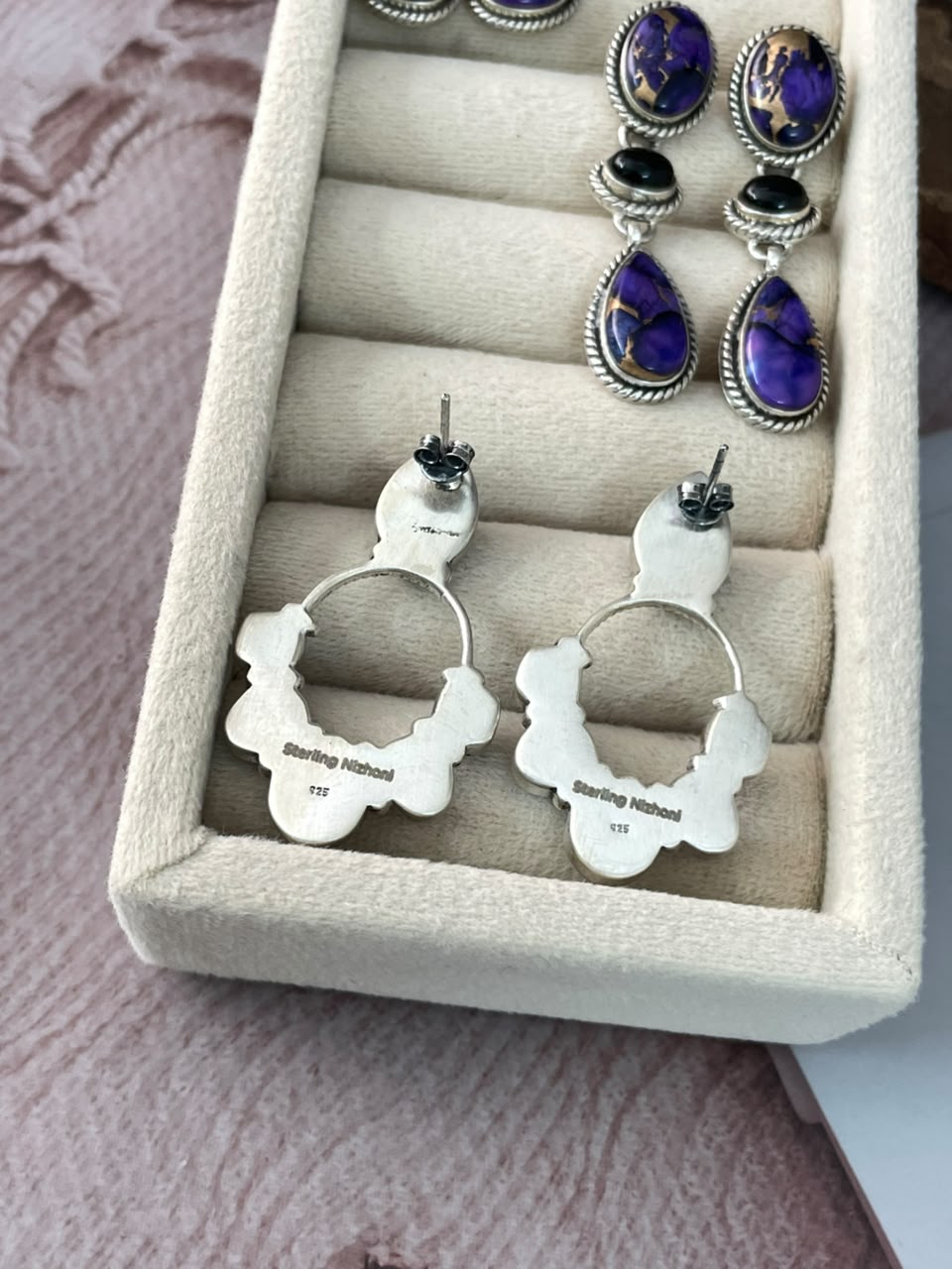 Handmade Sterling Silver Grape Dahlia with Black Onyx Halloween Collection: Post Dangle Earrings Signed Nizhoni