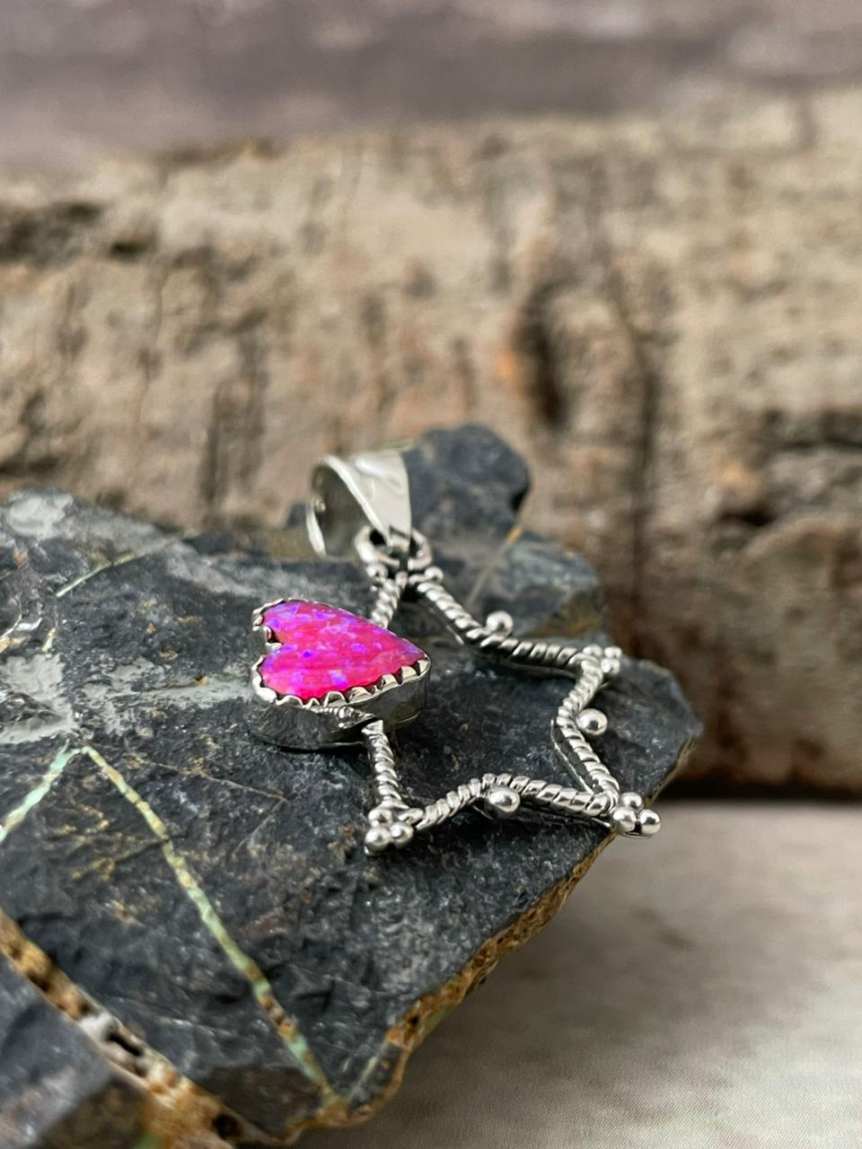 "Heart Collection" Handmade Sterling Silver Hot Pink Pendant "Signed Nizhoni"