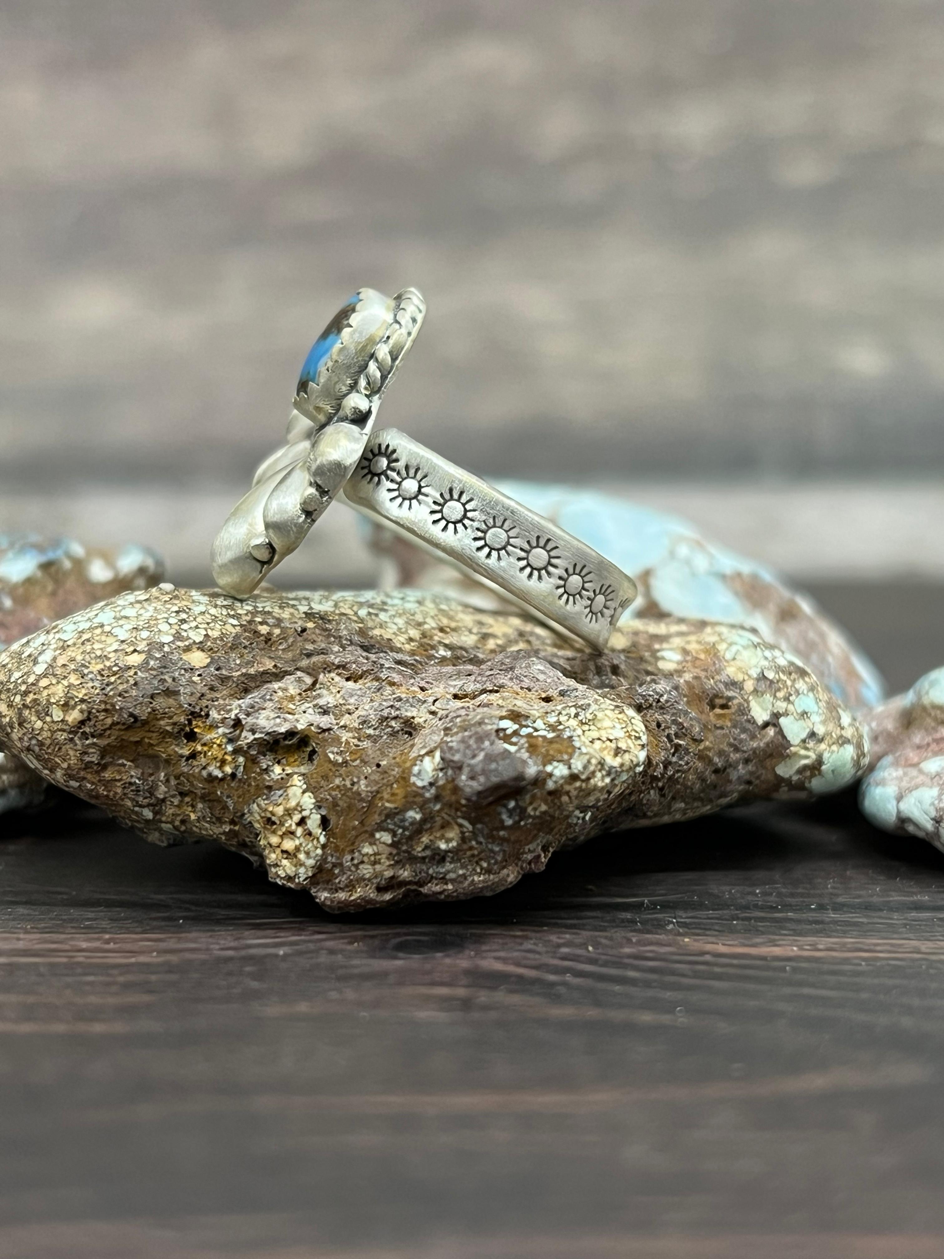 Handmade Sterling Silver with Golden Hills Turquoise Adjustable Ring With Signed Nizhoni