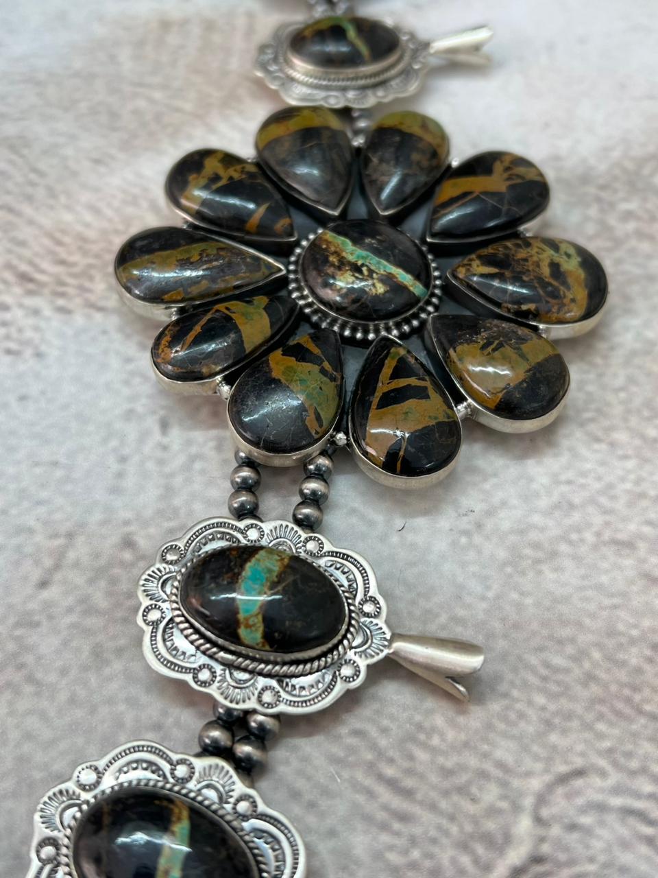 Handmade Sterling Silver Beaded Blackjack Turquoise Necklace "Signed Nizhoni"