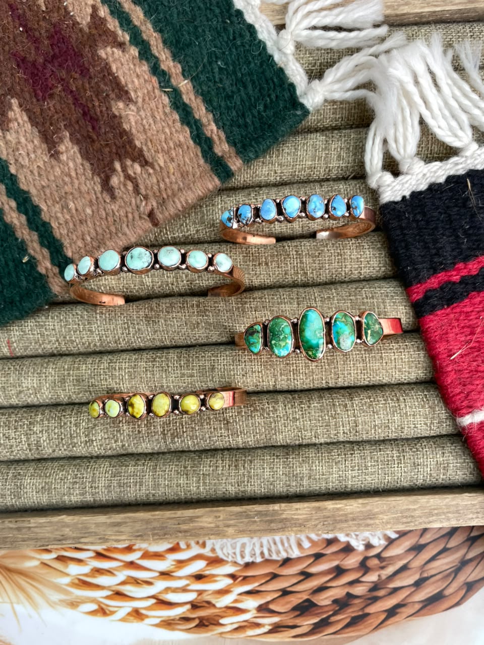 Handmade Paloma, Palomino, Sonoran Mountain and Golden Hills Turquoise Copper Collection: Cuff Bracelet Signed Nizhoni