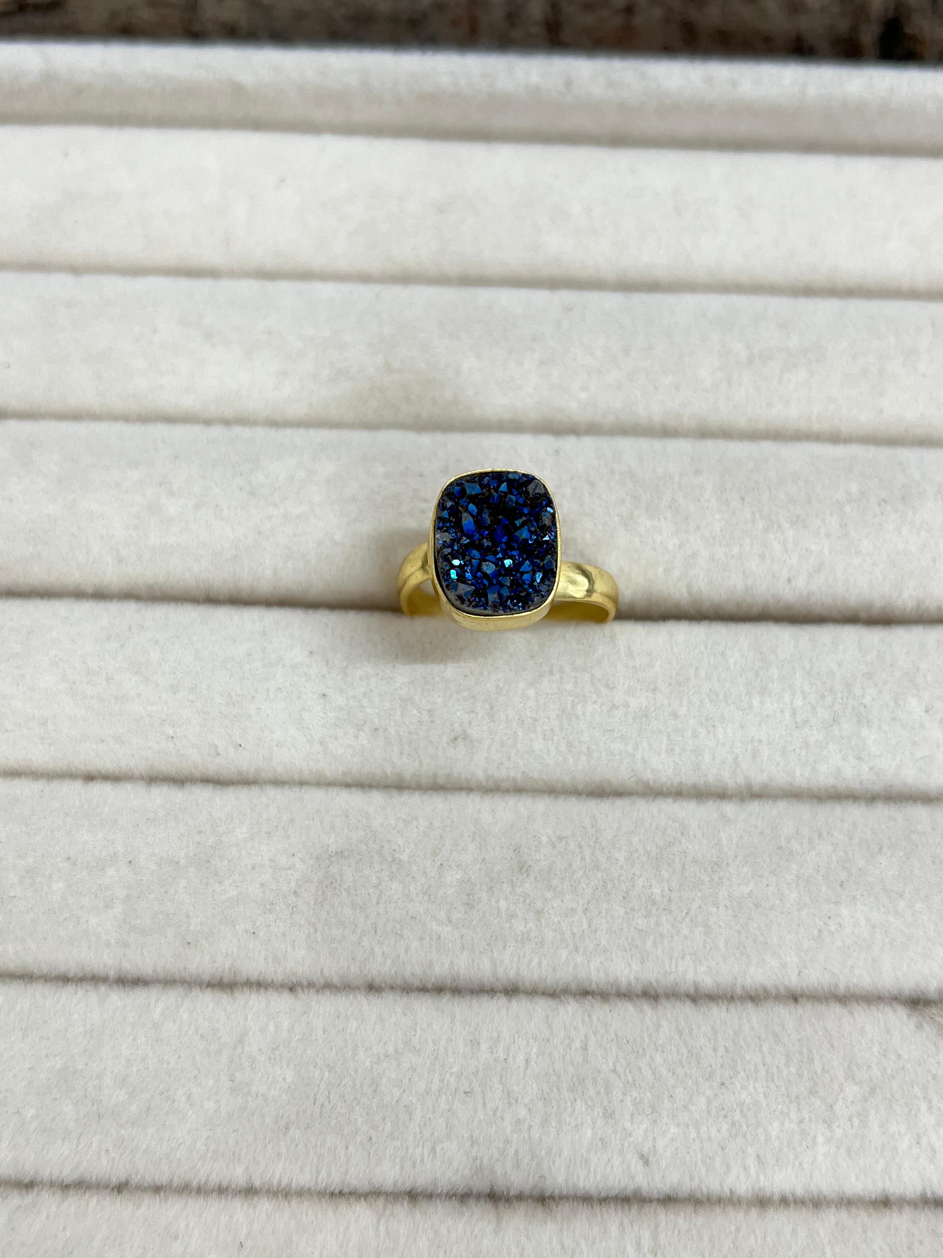 “The Boho Collection” Handmade Blue Druzy Adjustable Ring with Signed Nizhoni