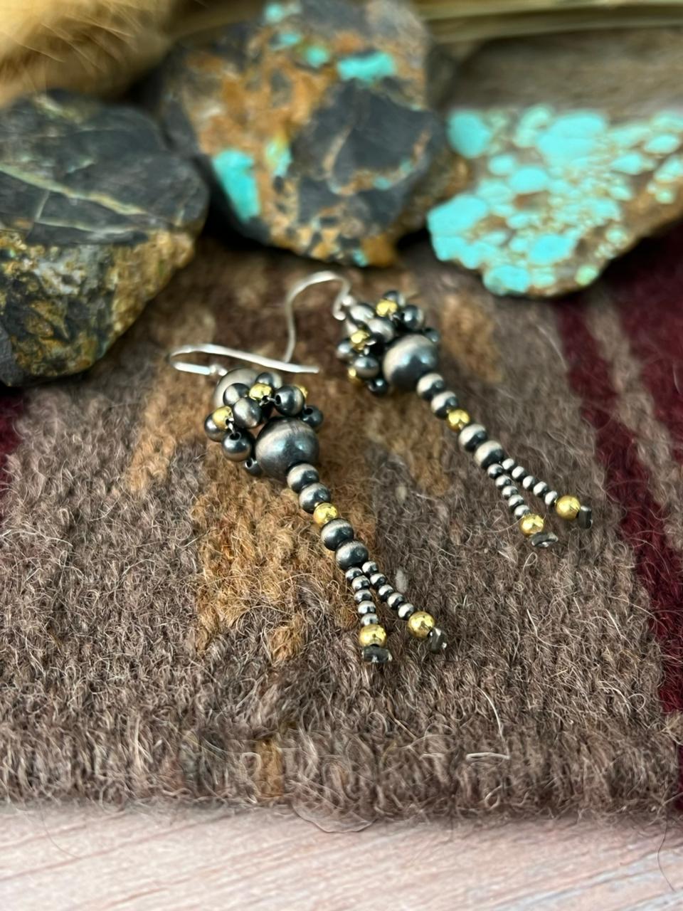 Handmade Sterling Silver with Golden Beads Hook Earrings
