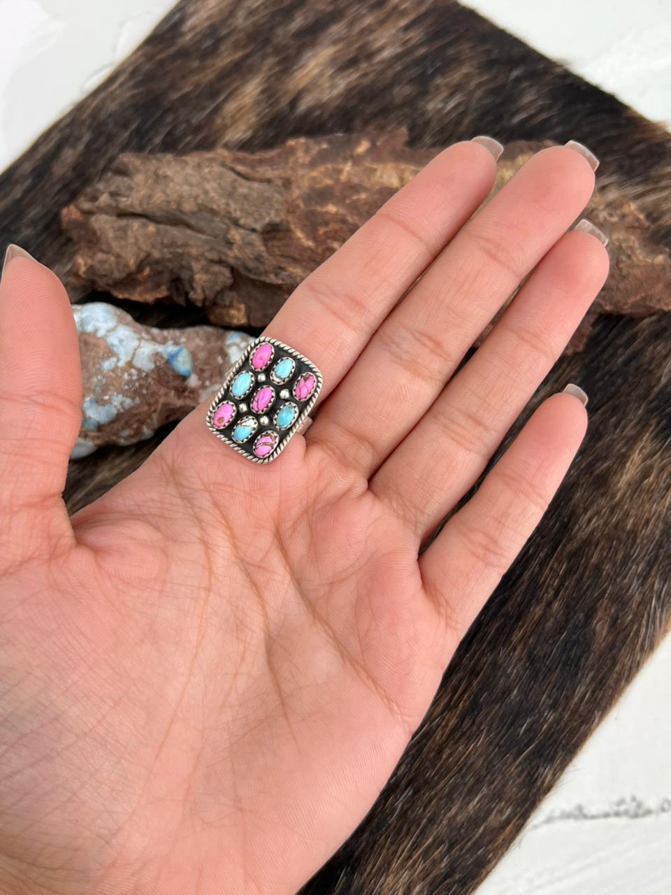 Handmade Sterling Silver Cotton Candy Turquoise Adjustable Ring "Signed Nizhoni"