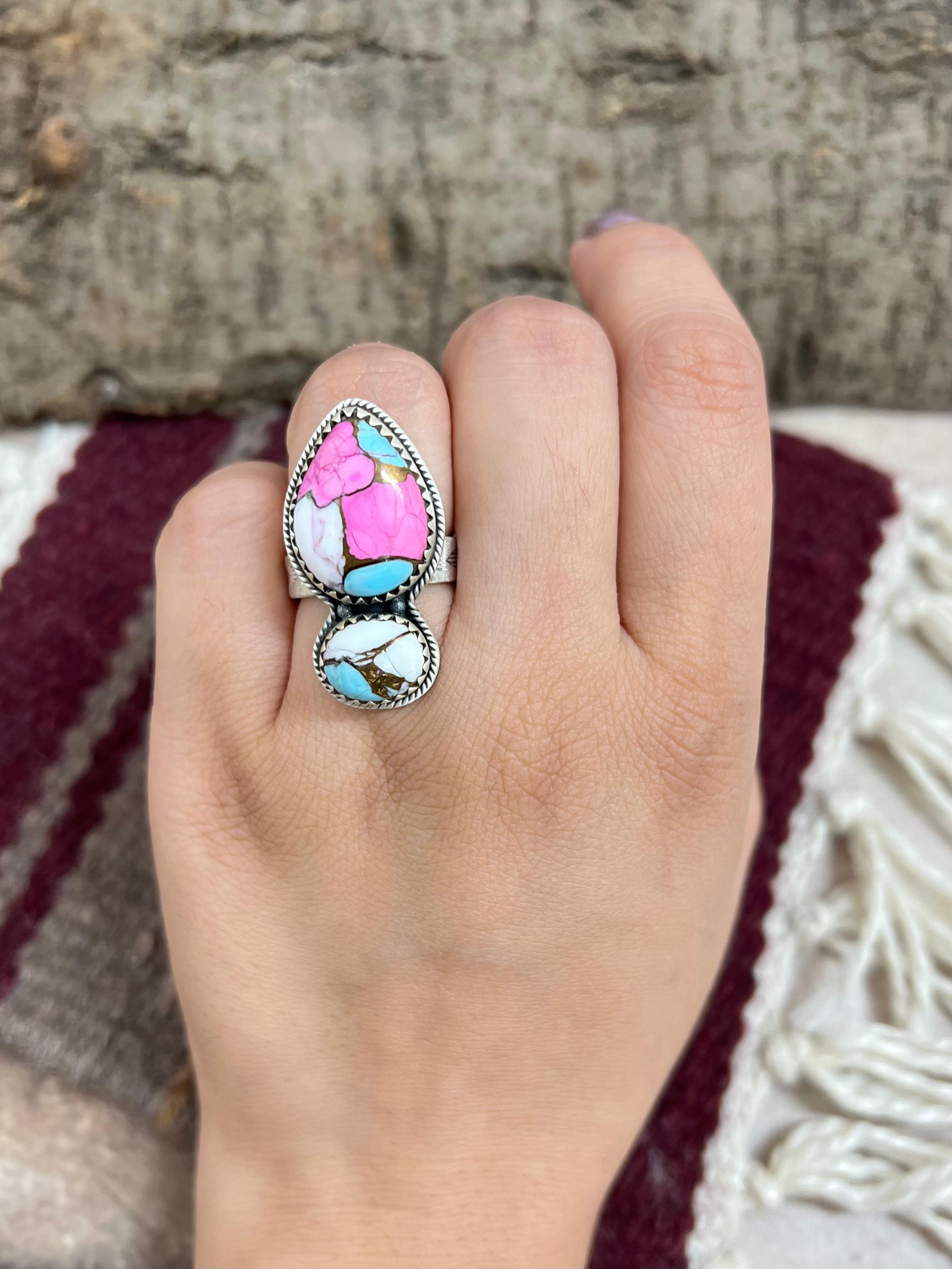 Handmade Sterling Silver Cotton Candy Turquoise Adjustable Rings with Signed Nizhoni