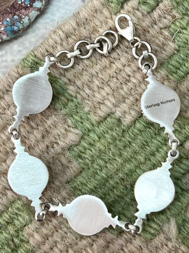 Handmade Sterling Silver Kingman Turquoise Chain Bracelet with Signed Nizhoni