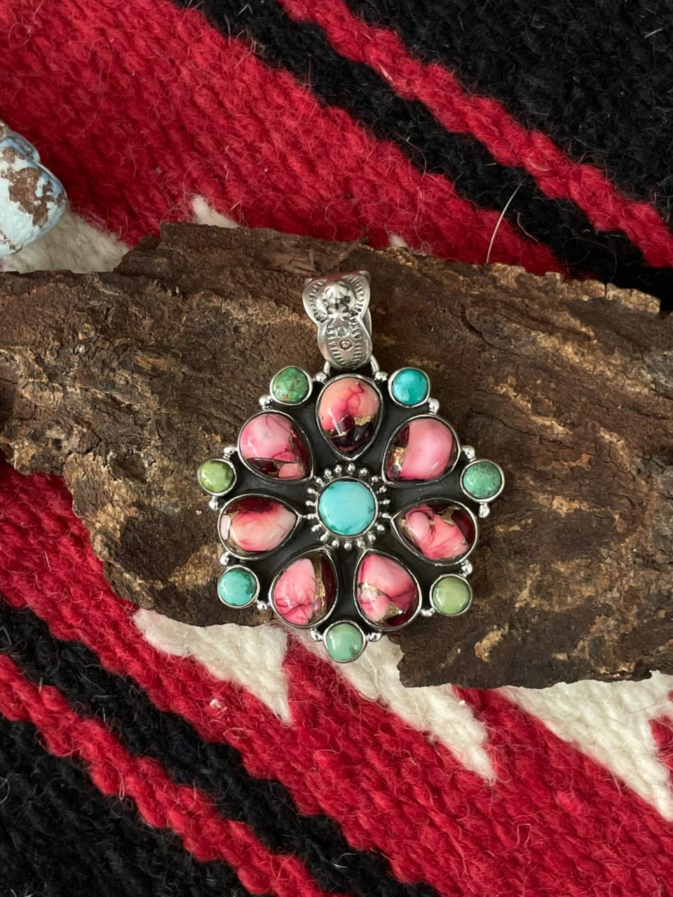 Handmade Sterling Silver Dahlia Rose with Emerald Valley Turquoise Pendant "Signed Nizhoni"