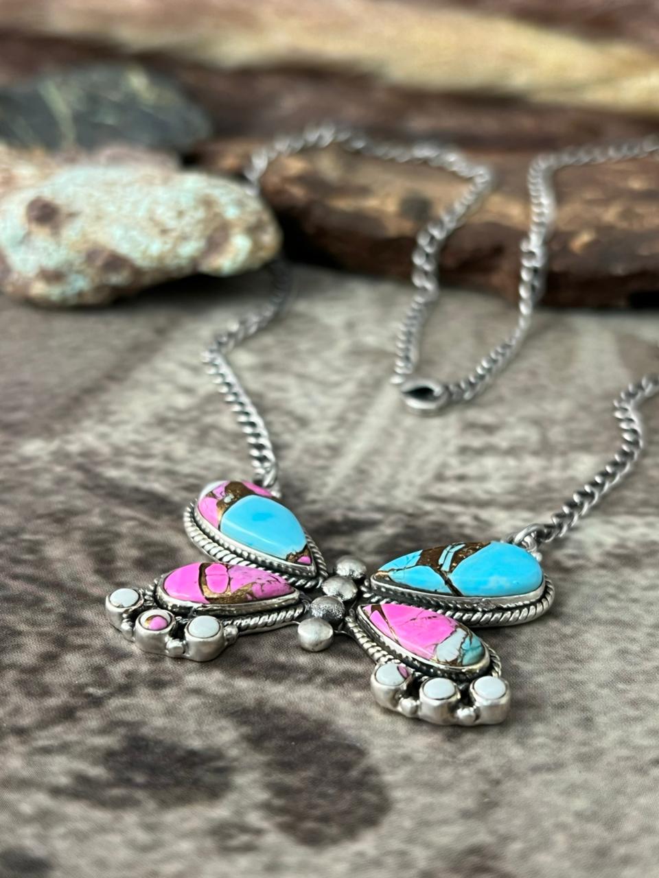Handmade Sterling Silver Cotton Candy Butterfly Necklace "Signed Nizhoni"