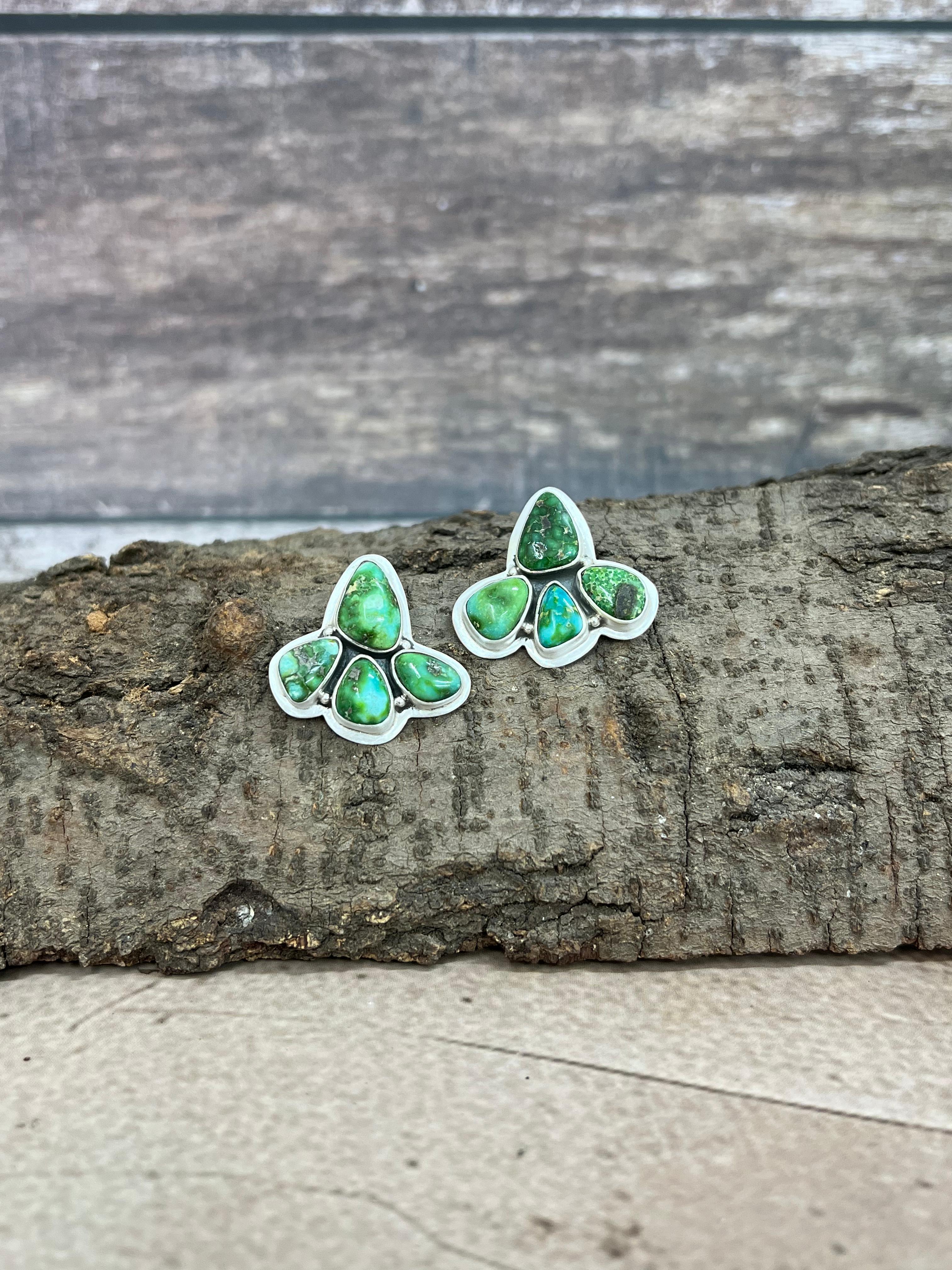 Handmade Sterling Silver Sonoran Mountain Turquoise Post Earrings with Signed Nizhoni