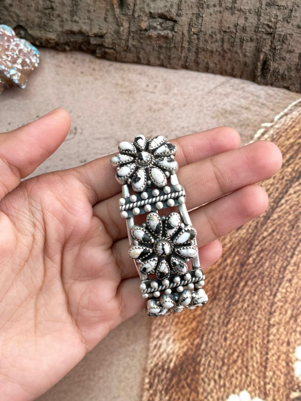 Handmade Sterling Silver White Buffalo Cuff Bracelet with Signed Nizhoni