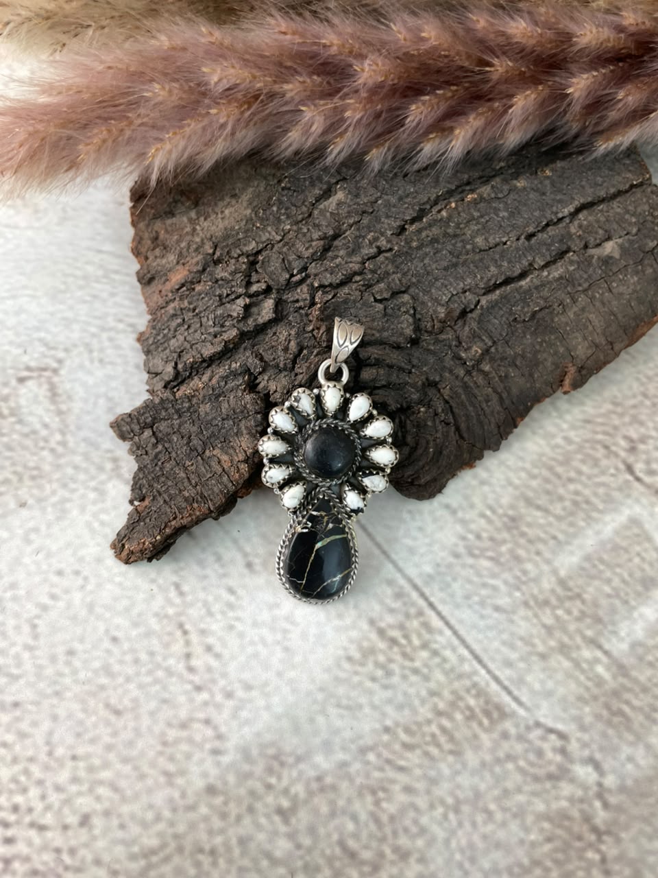 Handmade Sterling Silver White Buffalo with Blackjack Turquoise Pendant Signed Nizhoni