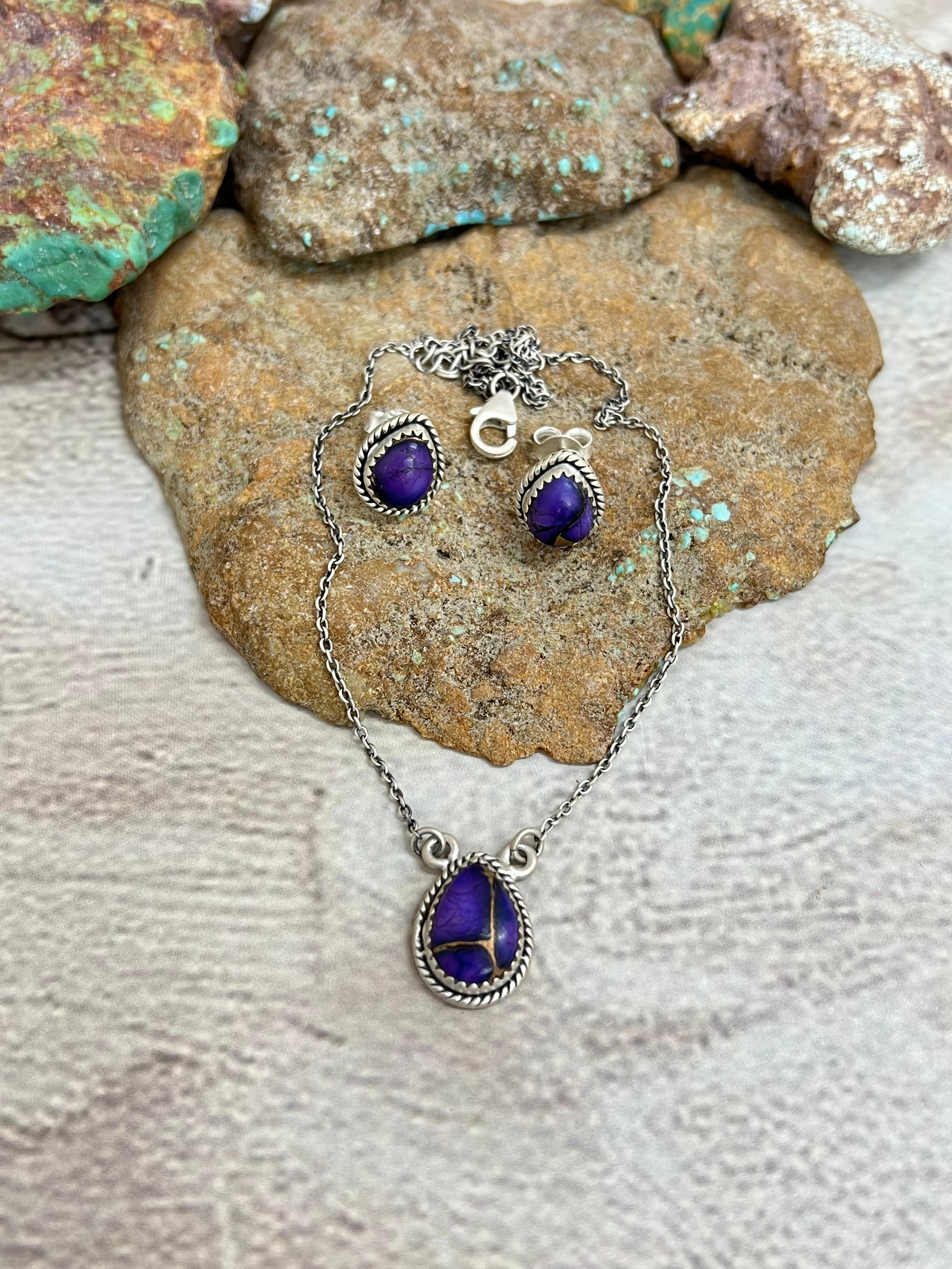 Handmade Sterling Silver Grape Dahlia Necklace Earrings Set, Signed Nizhoni