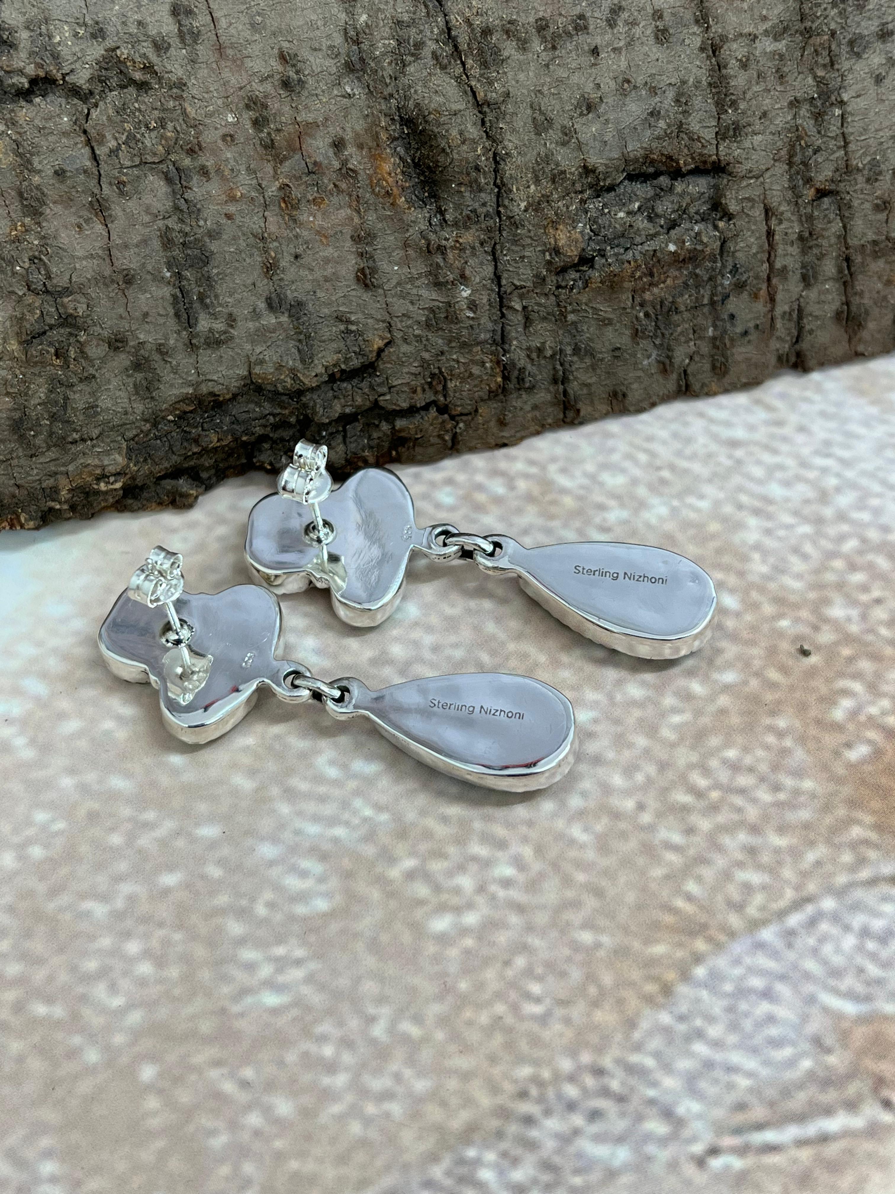 Handmade Sterling Silver Peacock Dahlia with Druzy Dangle Earrings with Signed Nizhoni