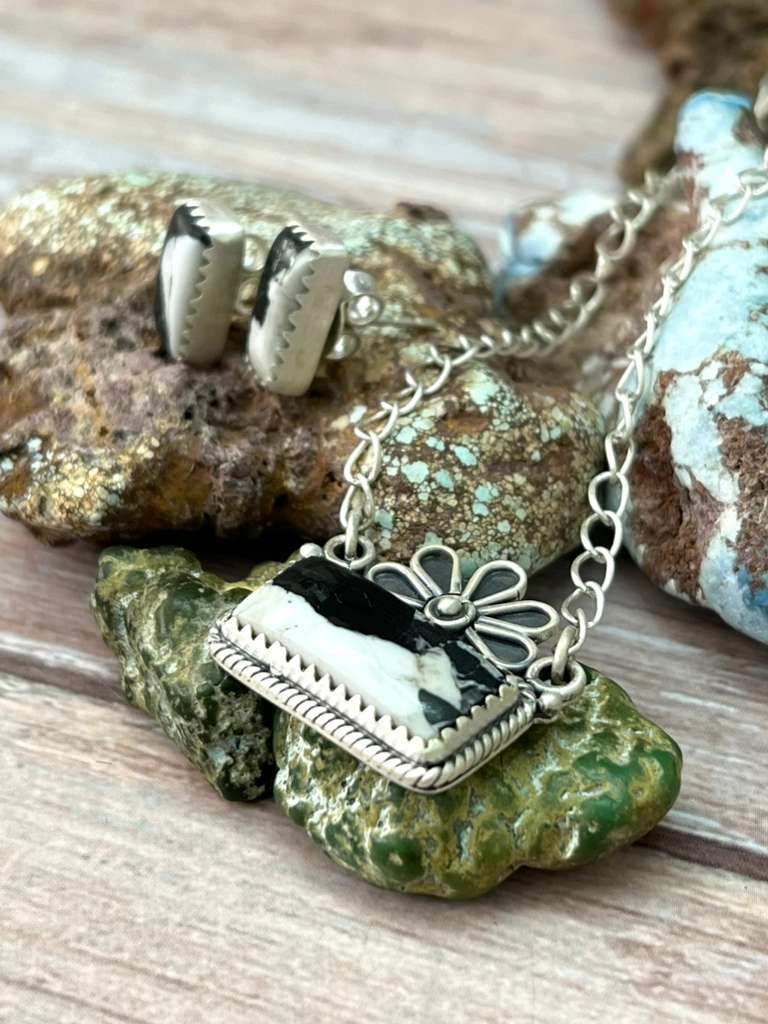 Handmade Sterling Silver White Buffalo Necklace Earrings Set with Signed Nizhoni