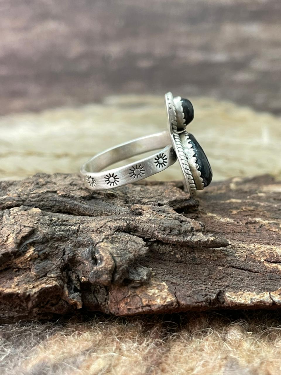 Handmade Sterling Silver Blackjack Turquoise Adjustable Ring "Signed Nizhoni"