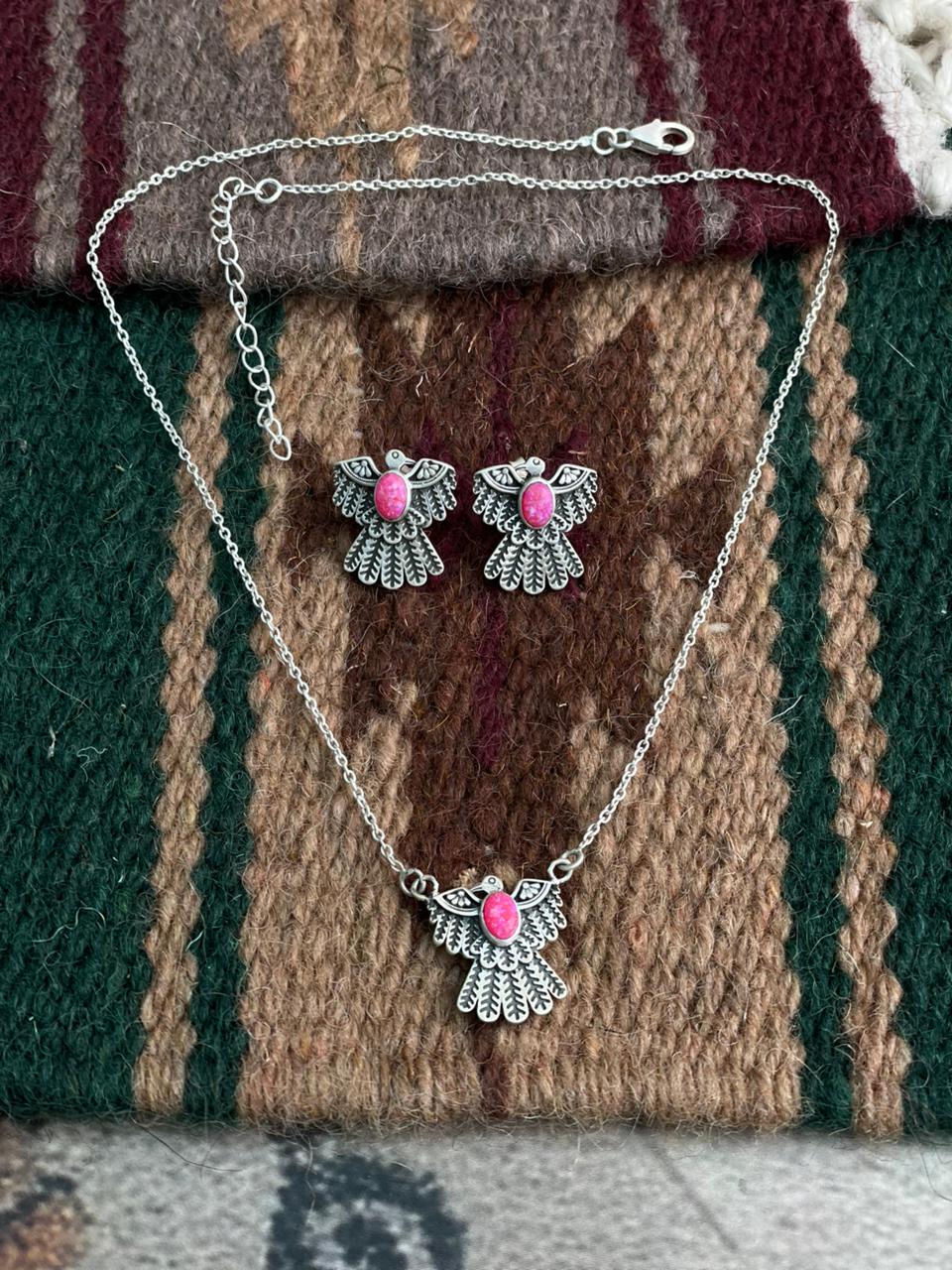 Handmade Sterling Silver Hot Pink Necklace Earrings Set "Signed Nizhoni"