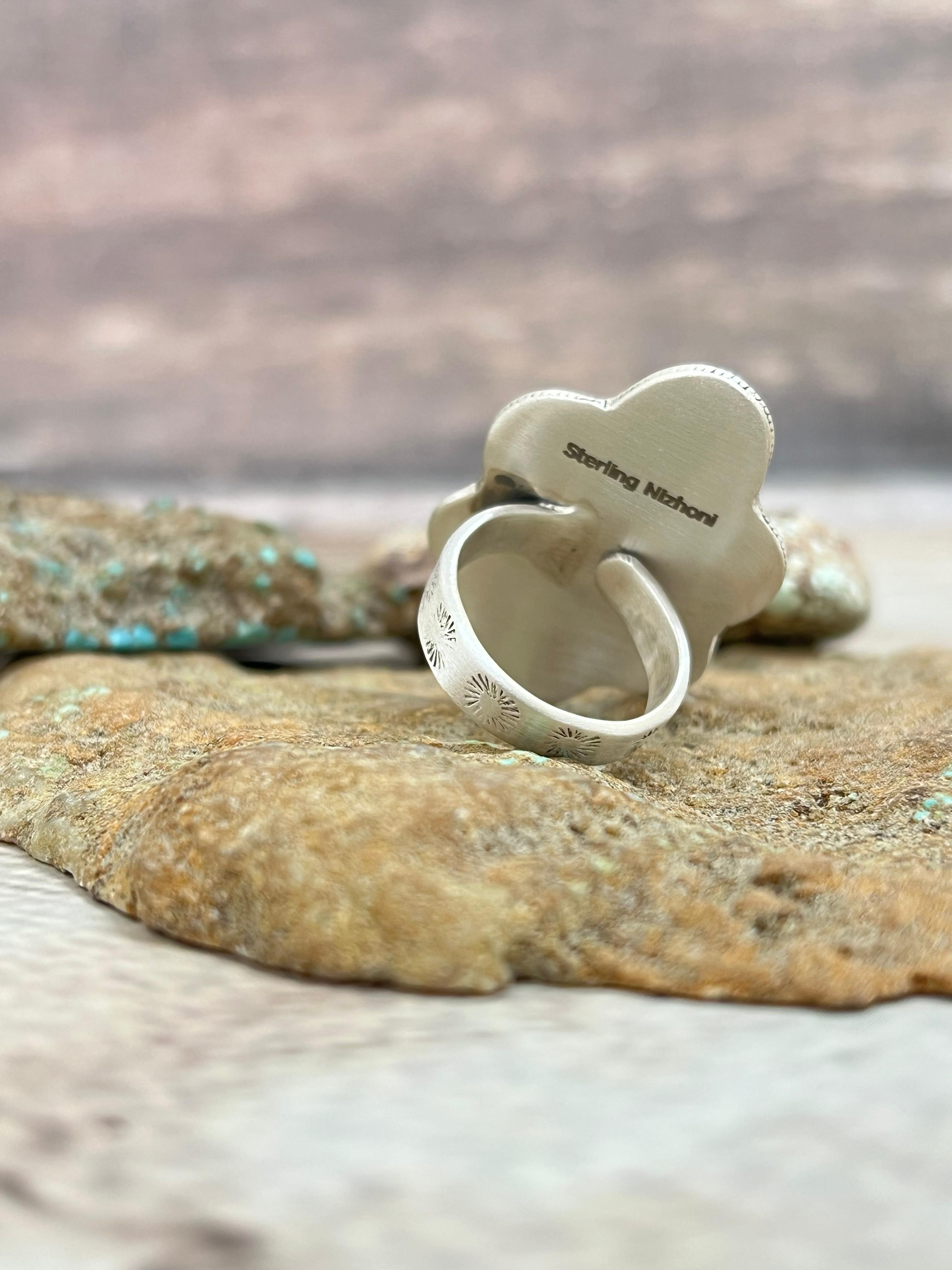 Handmade Sterling Silver Kingman Turquoise Adjustable Ring Signed Nizhoni (4)
