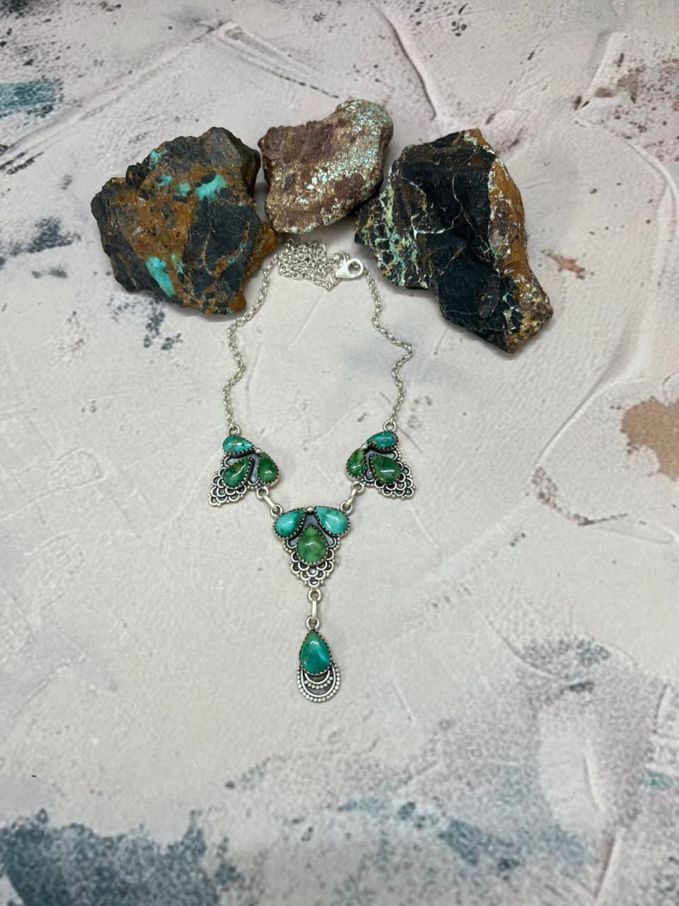 Handmade Sterling Silver Emerald Valley Turquoise Necklace "Signed Nizhoni"