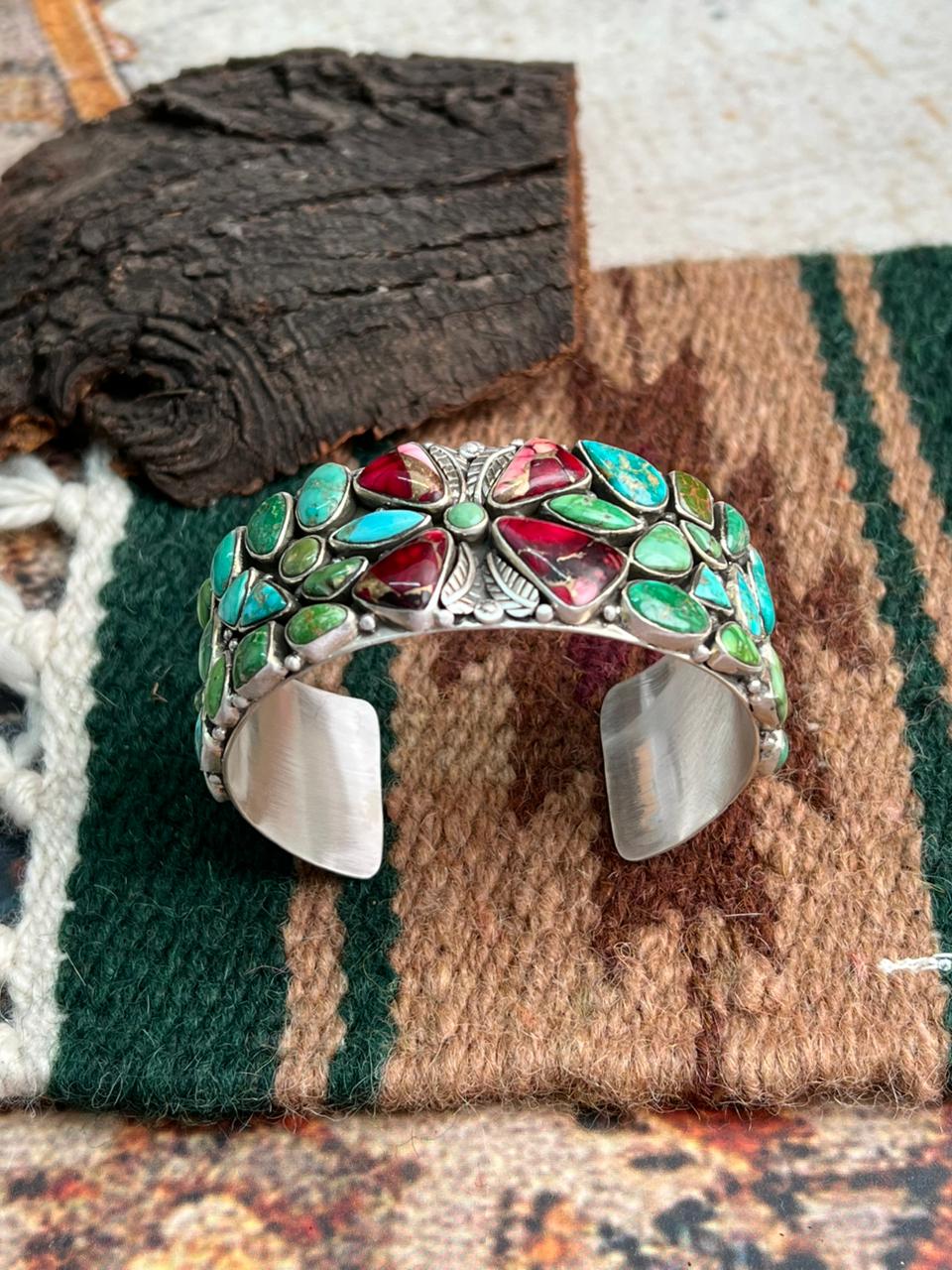 Handmade Sterling Silver Dahlia Rose with Emerald Valley Turquoise Cuff Bracelet "Signed Nizhoni"