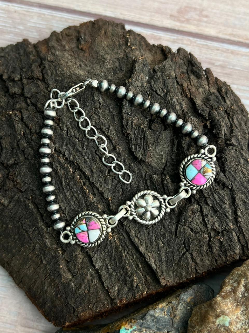 Handmade Sterling Silver Beaded Cotton Candy Bracelet "Signed Nizhoni"