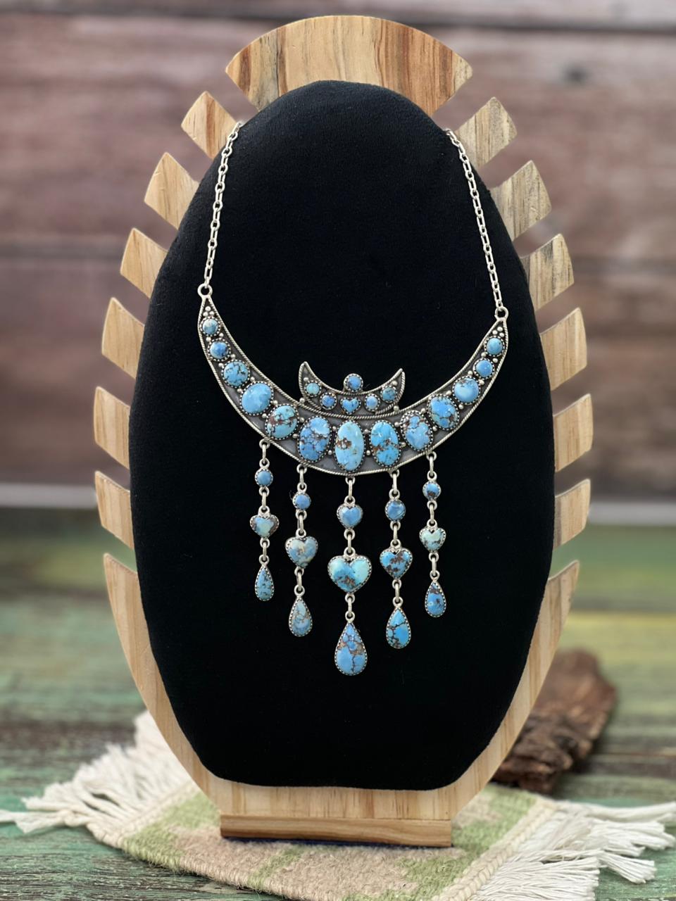 Handmade Sterling Silver Golden Hills Turquoise Choker Moon Necklace "Signed Nizhoni"