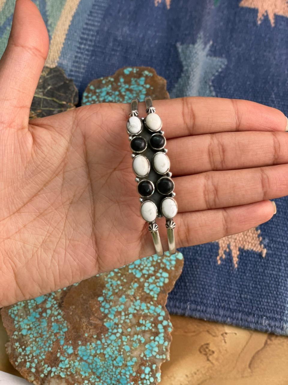 Handmade Sterling Silver White Buffalo Cuff Bracelet "Signed Nizhoni"