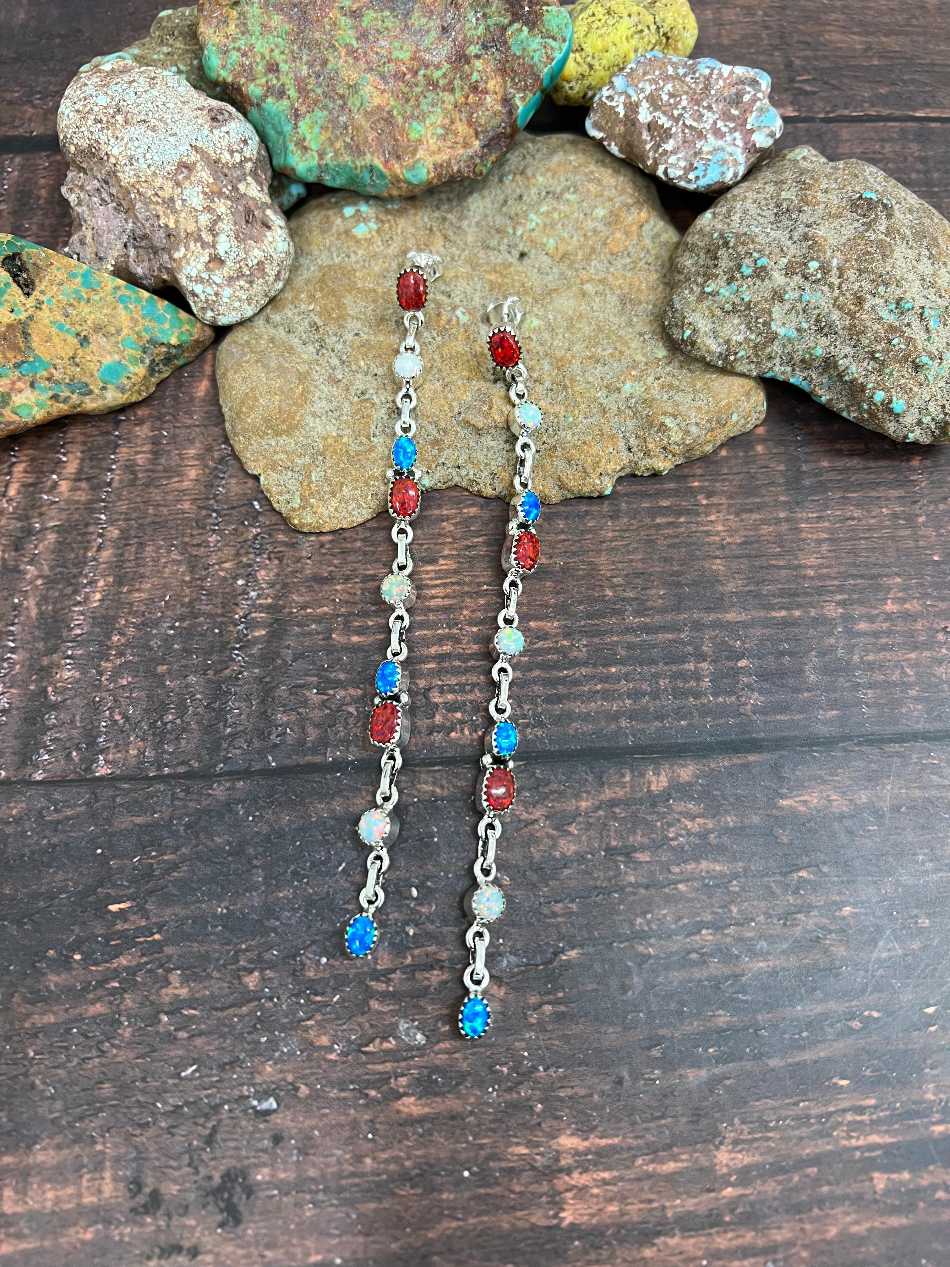 ** 4TH OF JULY ** Handmade Sterling Silver Synthetic Opal Post Earrings with Signed Nizhoni