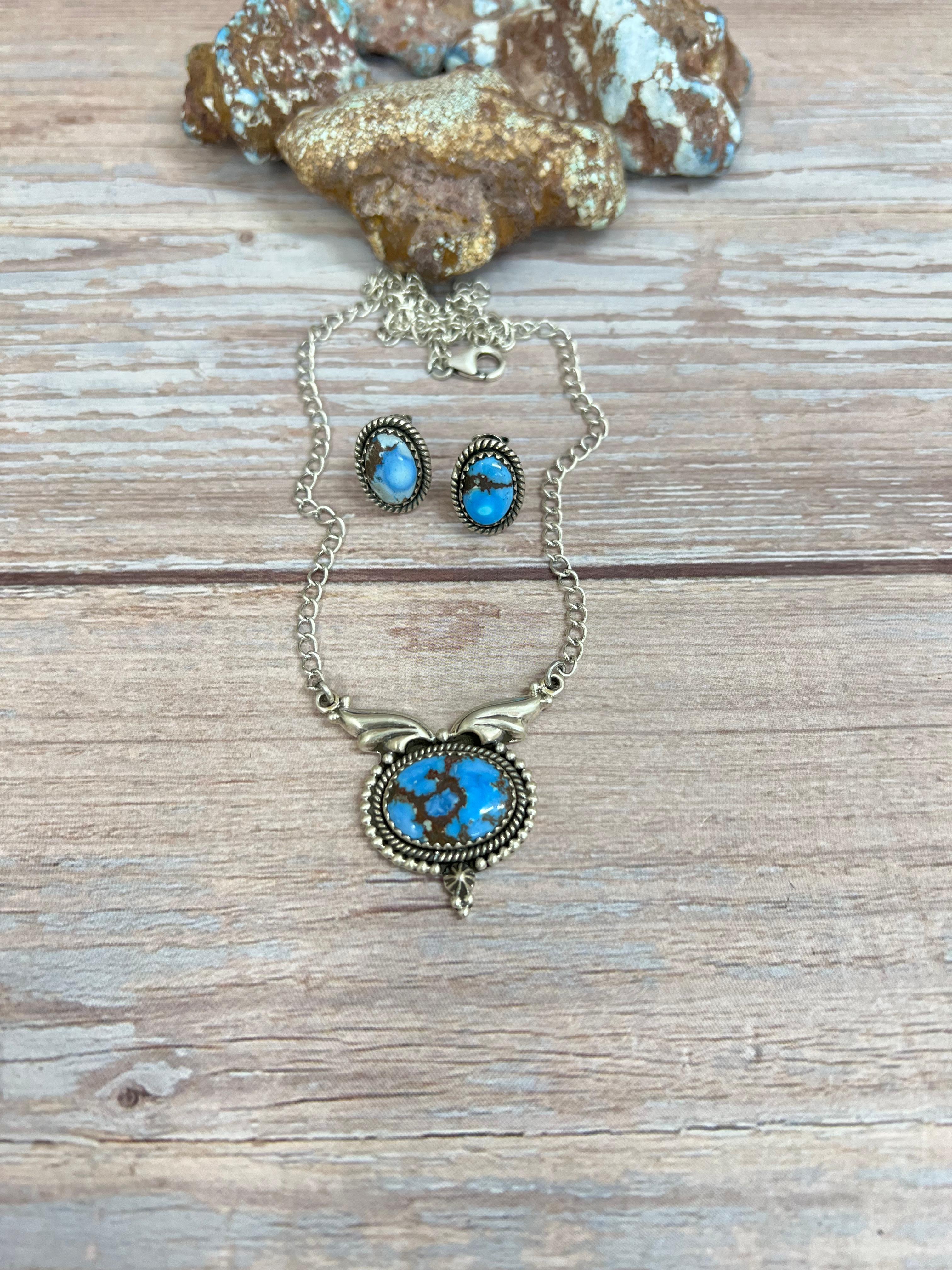 Handmade Sterling Silver Golden Hills Turquoise Necklace Earrings Set with Signed Nizhoni