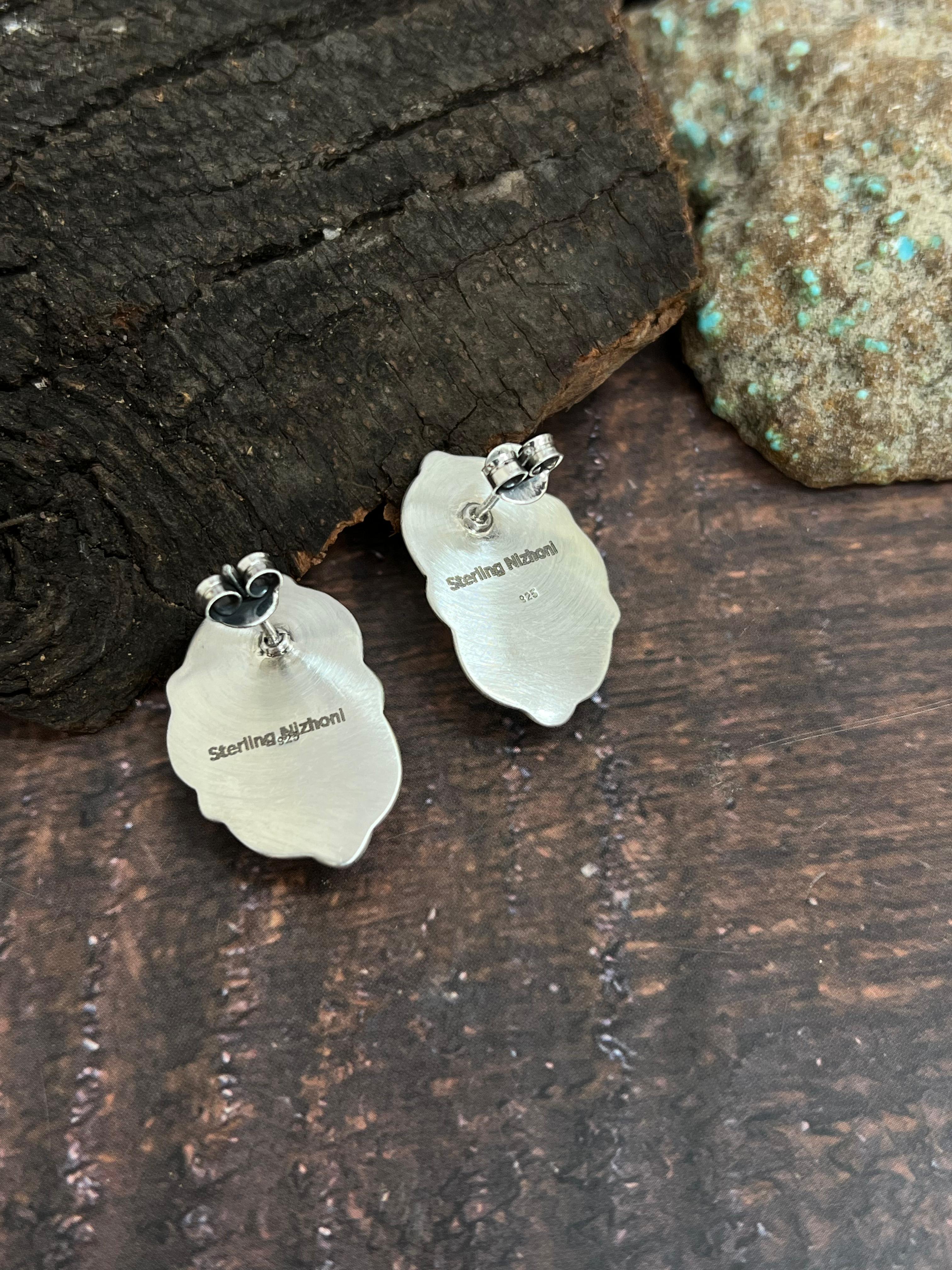 Handmade Sterling Silver Mantis Turquoise Post Studs, Signed Nizhoni