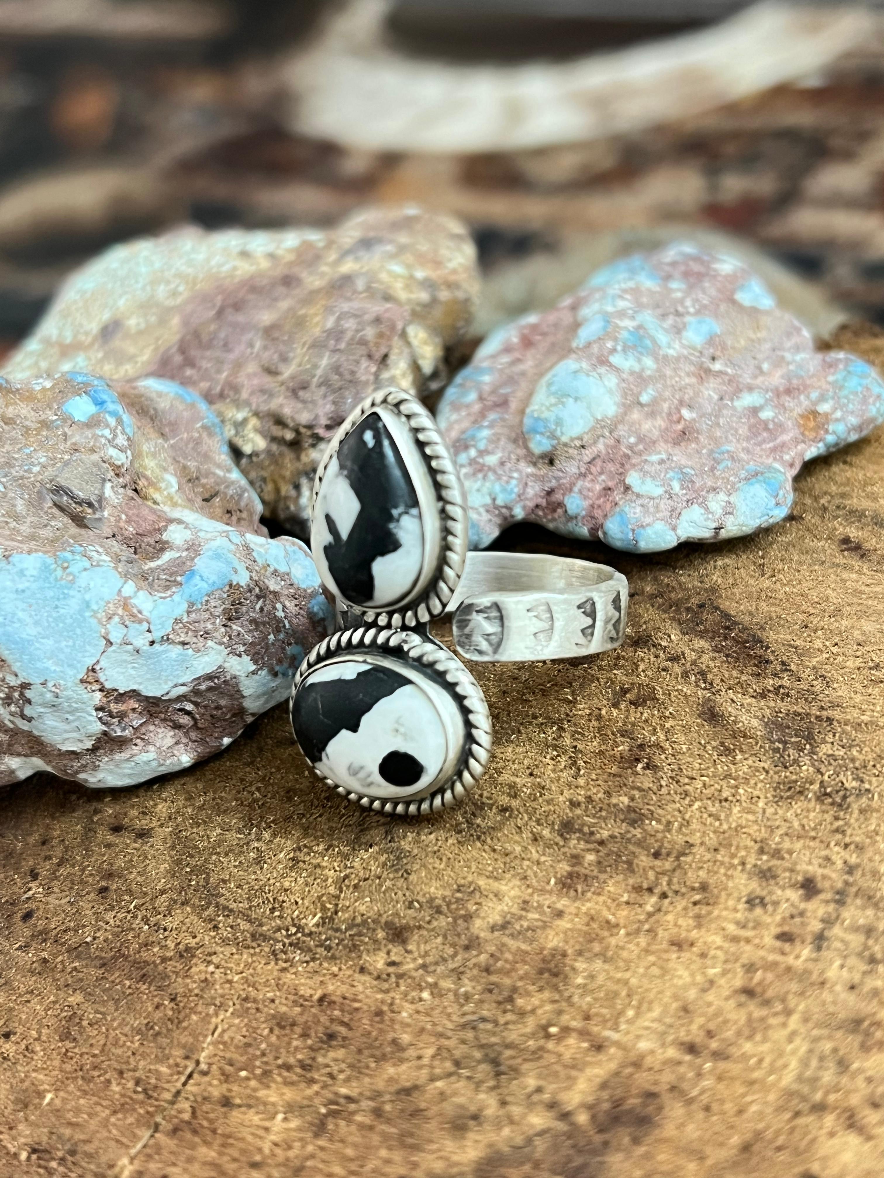 Handmade Sterling Silver White Buffalo Adjustable Ring, Signed Nizhoni