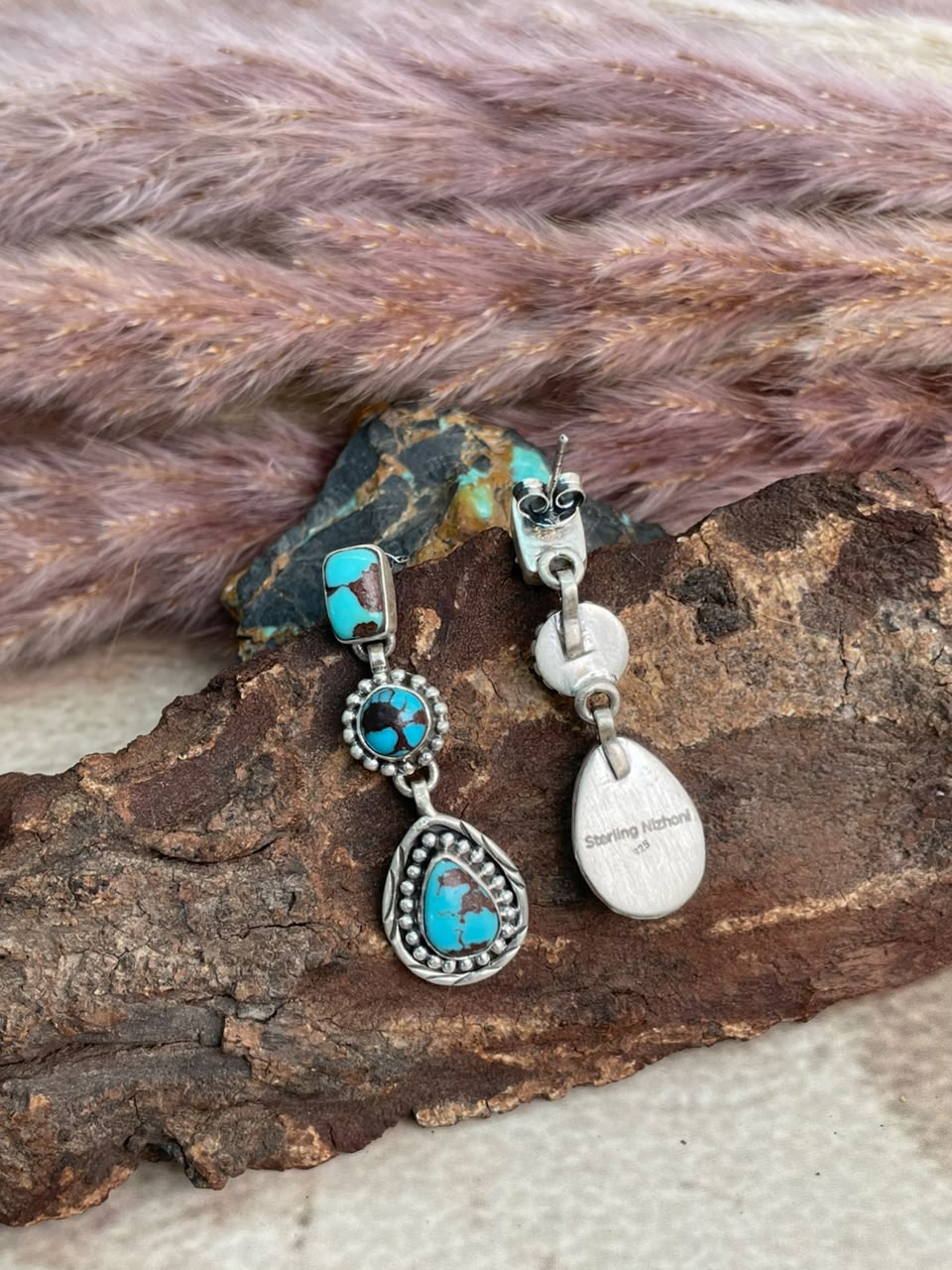 Handmade Sterling Silver Egyptian Turquoise Collection: Post Dangle Earrings Signed Nizhoni