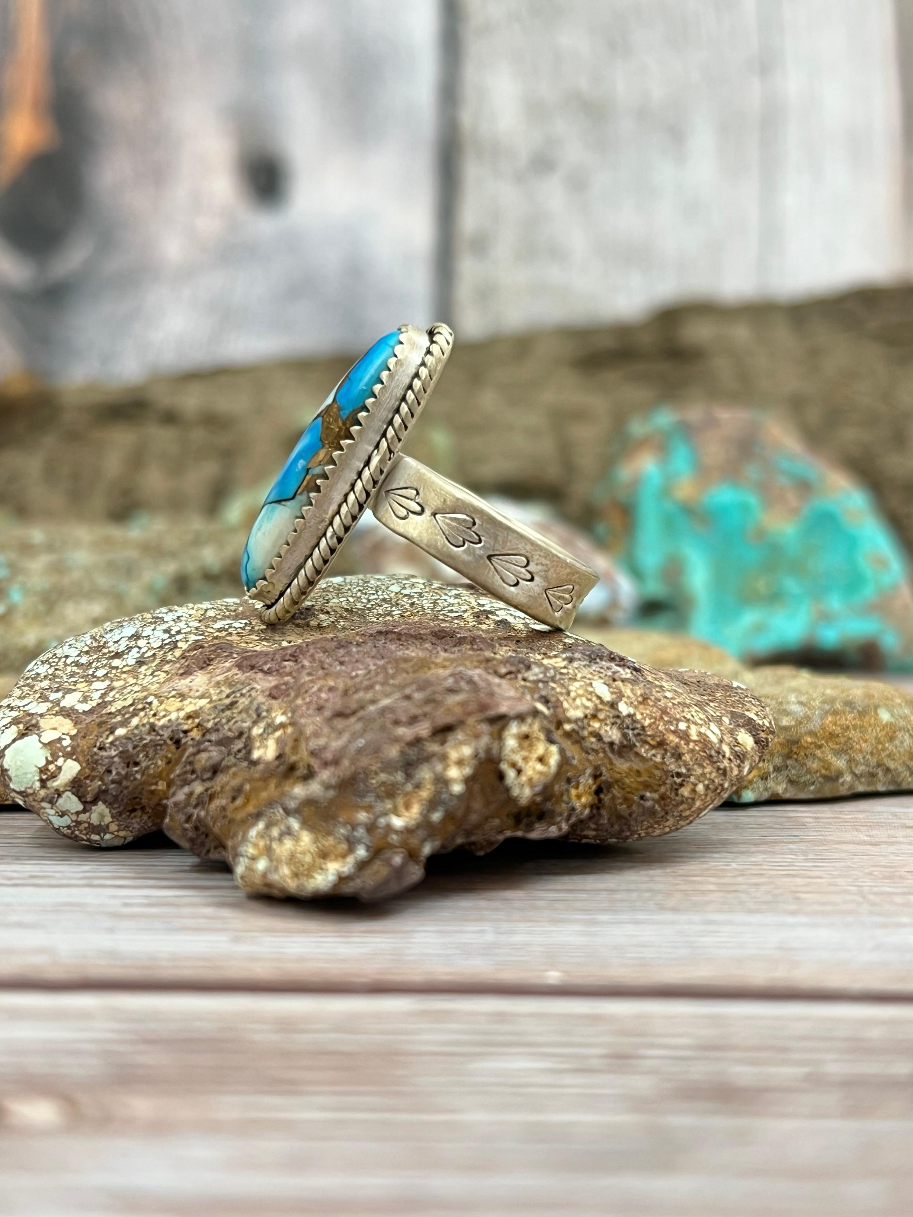 Handmade Sterling Silver Blue Ice Dahlia Adjustable Ring with Signed Nizhoni