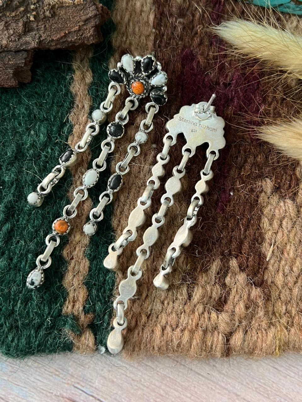 Handmade Sterling Silver White Buffalo with Orange Mojave Post Dangle Earrings "Signed Nizhoni"