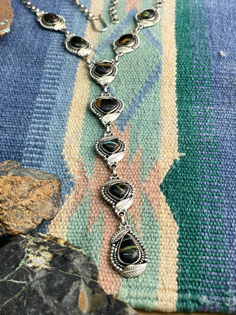 Handmade Sterling Silver Blackjack Turquoise Necklace "Signed Nizhoni"