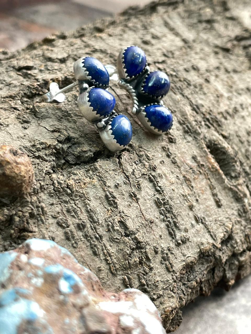 Handmade Sterling Silver Lapis Post Studs Earrings "Signed Nizhoni"