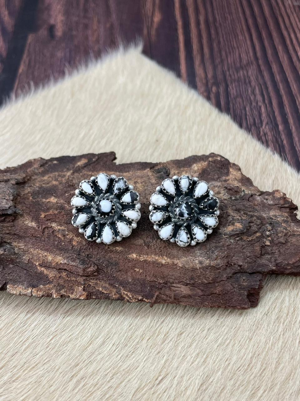 Handmade Sterling Silver White Buffalo Post Studs Earrings "Signed Nizhoni"