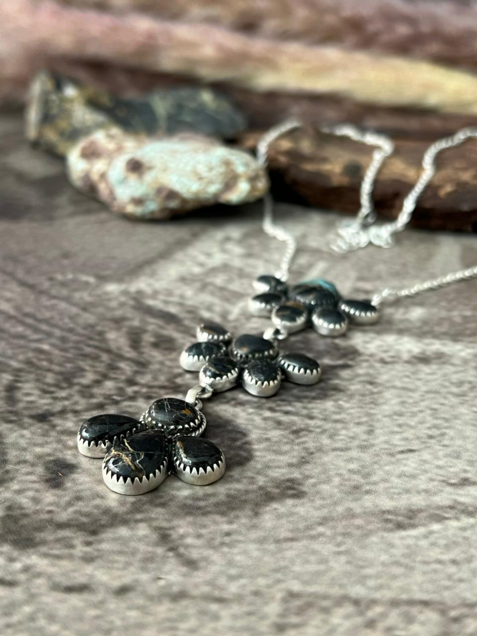 Handmade Sterling Silver Blackjack Turquoise Necklace "Signed Nizhoni"