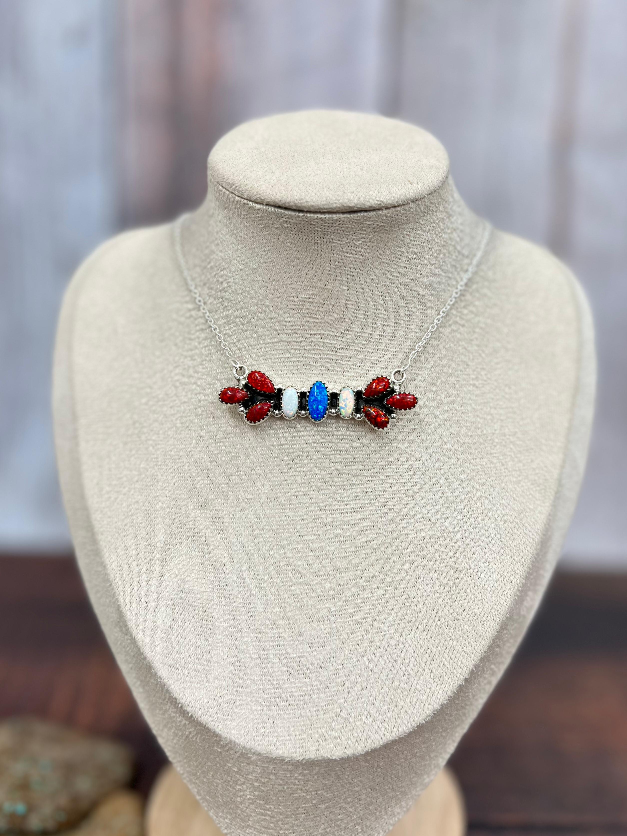 ** 4TH OF JULY ** Handmade Sterling Silver Synthetic Opal Necklace with Signed Nizhoni