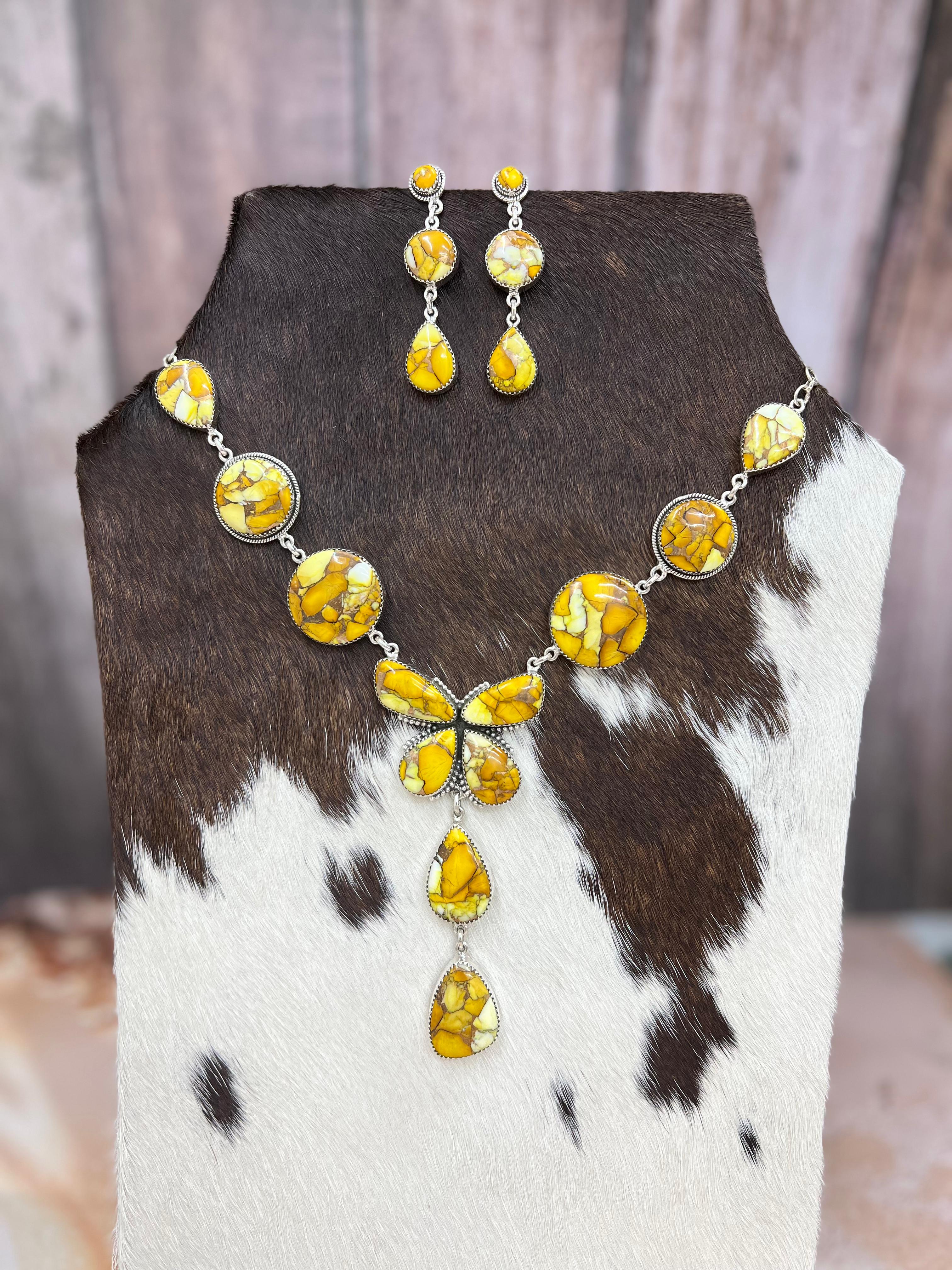 Handmade Sterling Silver Honey Dahlia Necklace Earrings Set, Signed Nizhoni