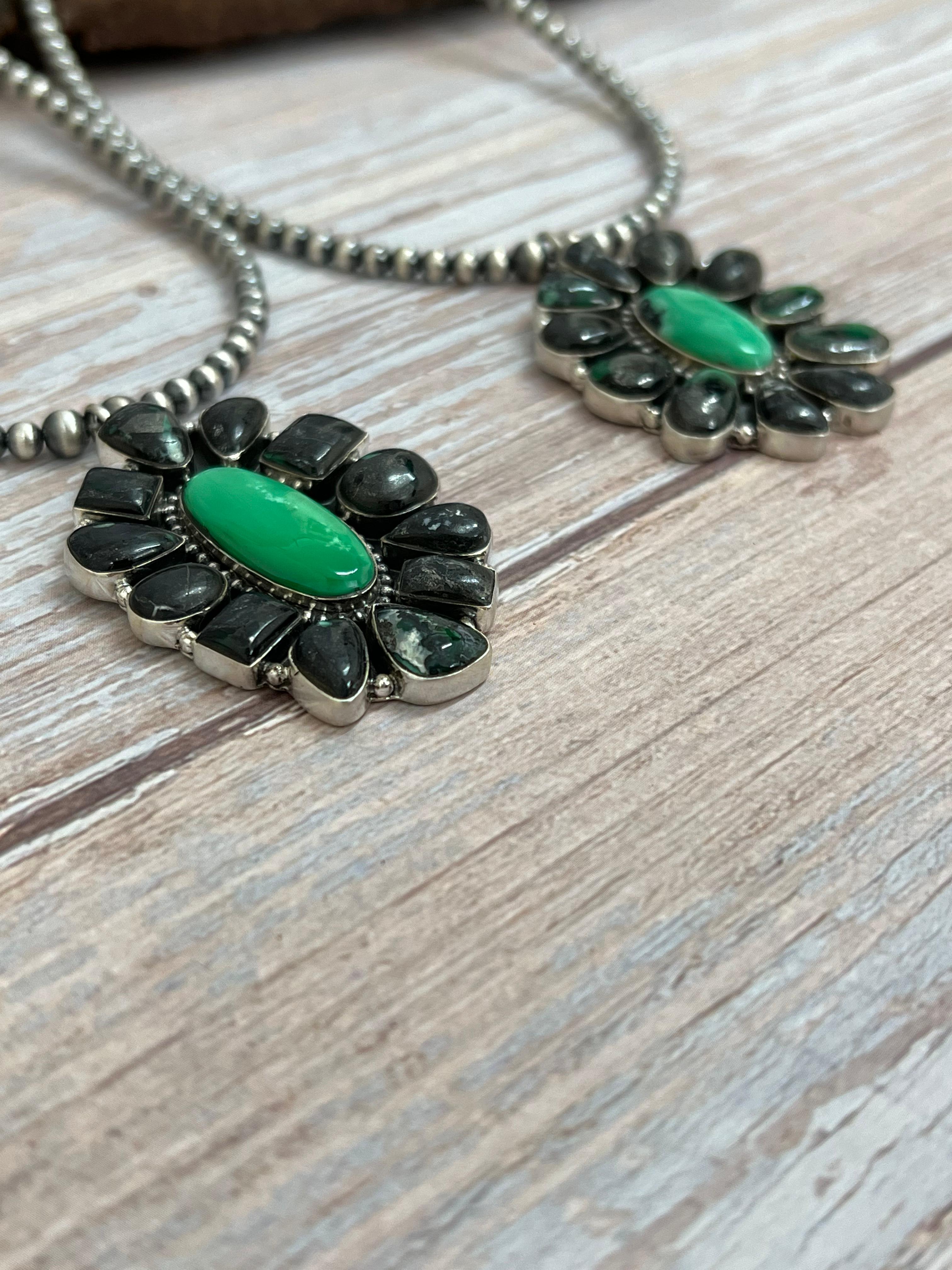 Handmade Sterling Silver Emerald Rose Beaded Necklace with Signed Nizhoni