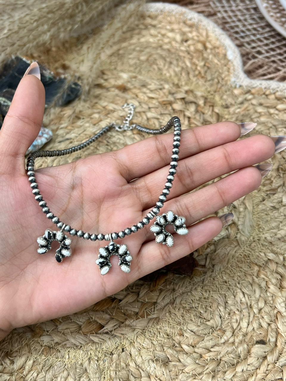 Handmade Sterling Silver White Buffalo Beaded Necklace "Signed Nizhoni"